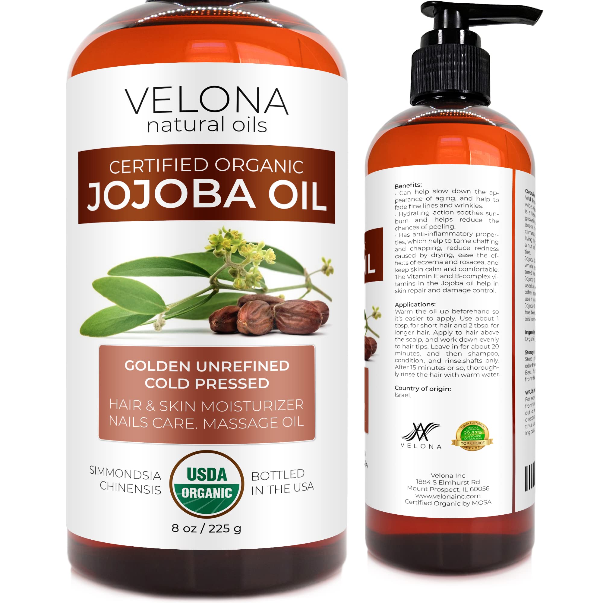 Velona Organic Jojoba Oil 8 Oz - 100% Pure, Unrefined Cold Pressed For Face, Hair, Body, Acne Prone Skin Care, Stretch Marks & C