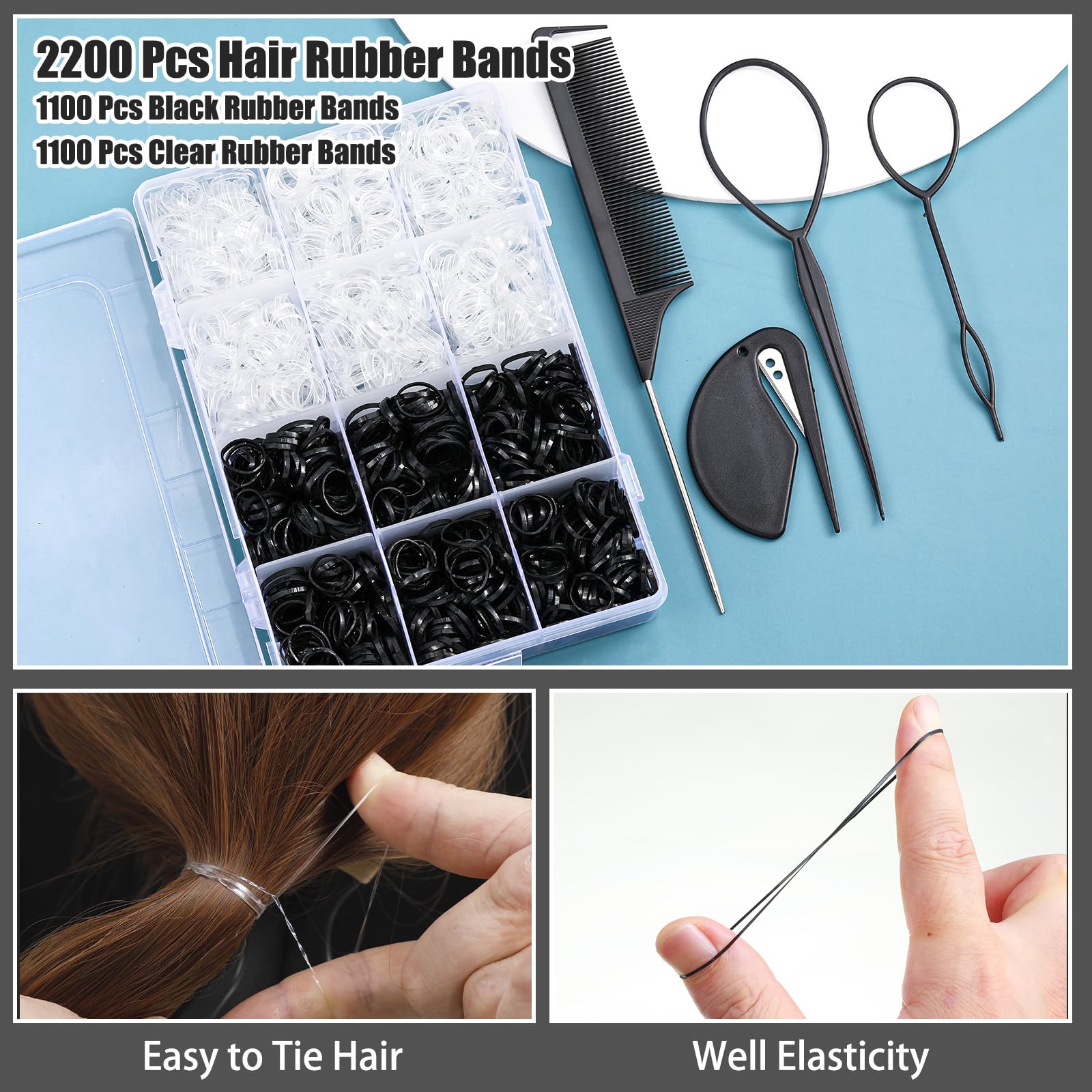 2200 Pcs Elastic Hair Bands With Hair Loop Styling Tool Set, Clear Mini Hair Bands And Black Elastic Hair Ties With Rubber Band
