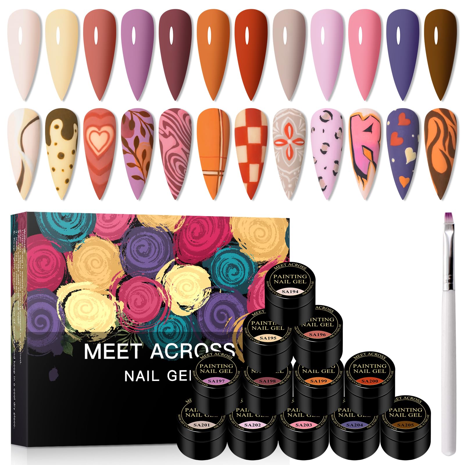 MEET ACROSS Gel Paint for Nail Art, 12 Colors Gel Nail Polish Kit with Nail Brush Pen, Painting Drawing Gel for Nail Art Design,