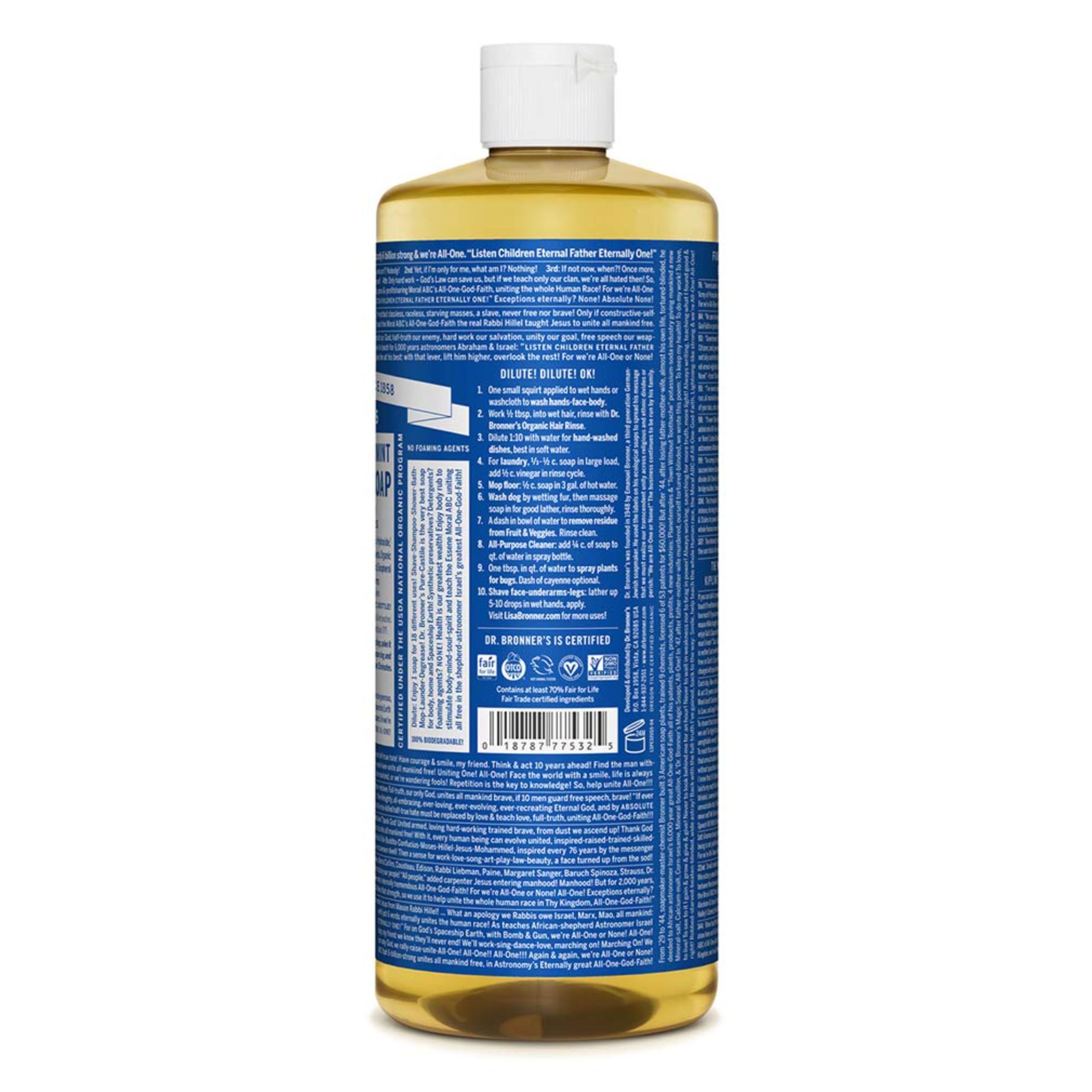 Dr Bronneras - Pure-Castile Liquid Soap (Peppermint, 32 Ounce) - Made With Organic Oils, 18-In-1 Uses: Face, Body, Hair, Laundry