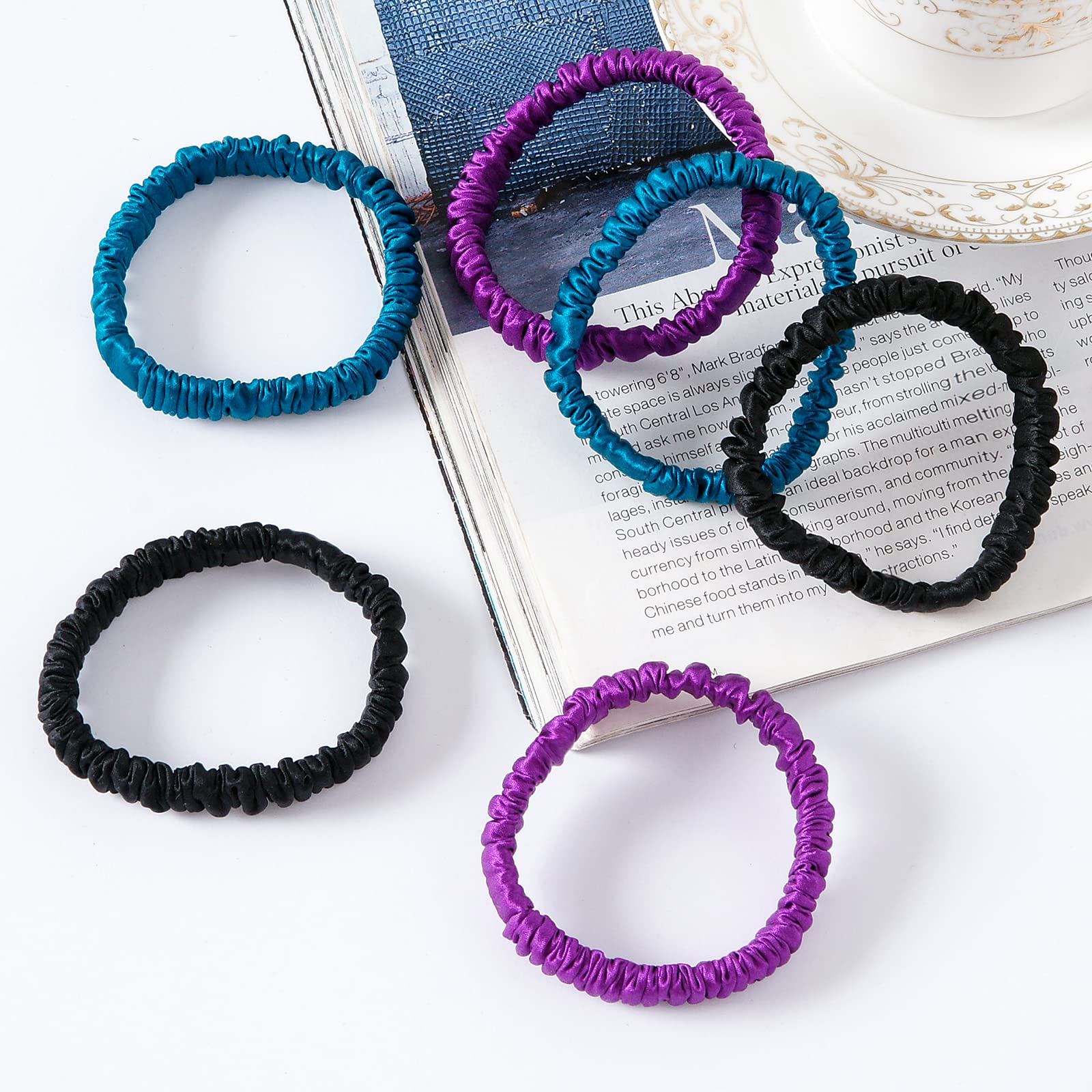 Sobonny 6 Set 100% Pure Mulberry Silk Hair-Friendly + Luxurious Elastic Skinny Scrunchies Travel Pouch Everyday Hair Ties Elasti