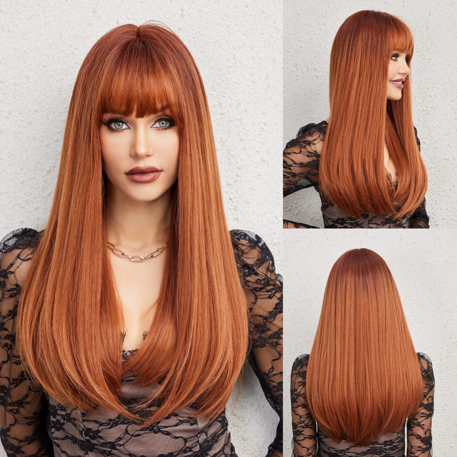 HAIRCUBE Auburn Wig with Bangs Long Hair With Bangs Red Hair Natural Appearance Heat-Resistant Synthetic Wig Daily Play Party Su