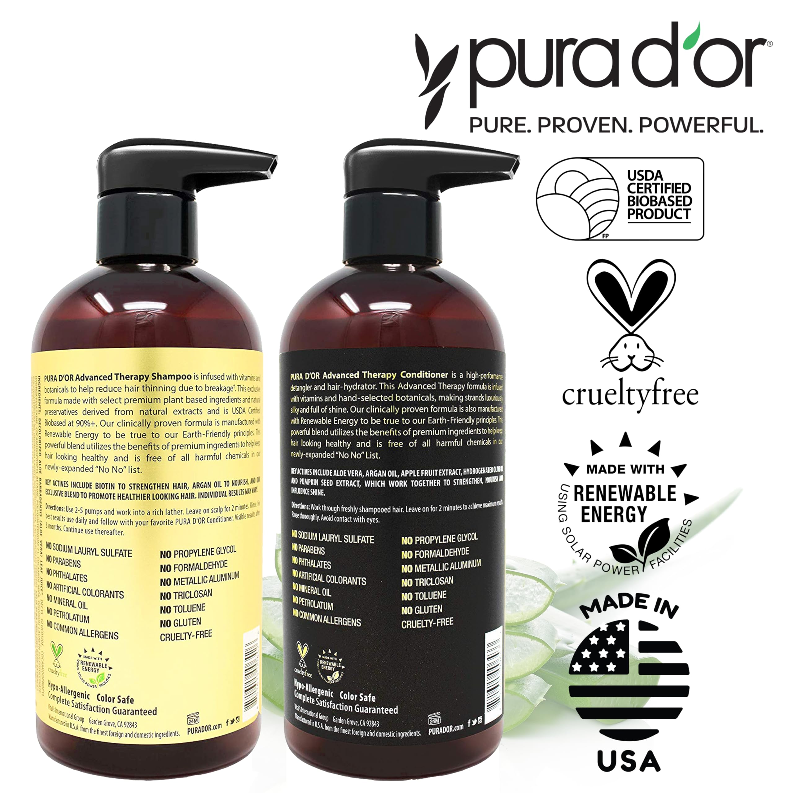 PURA D'OR Advanced Therapy Biotin Shampoo & Conditioner Set, 16oz x2, DHT Blocker for Hair Thinning, Clinically Tested for Women & Men