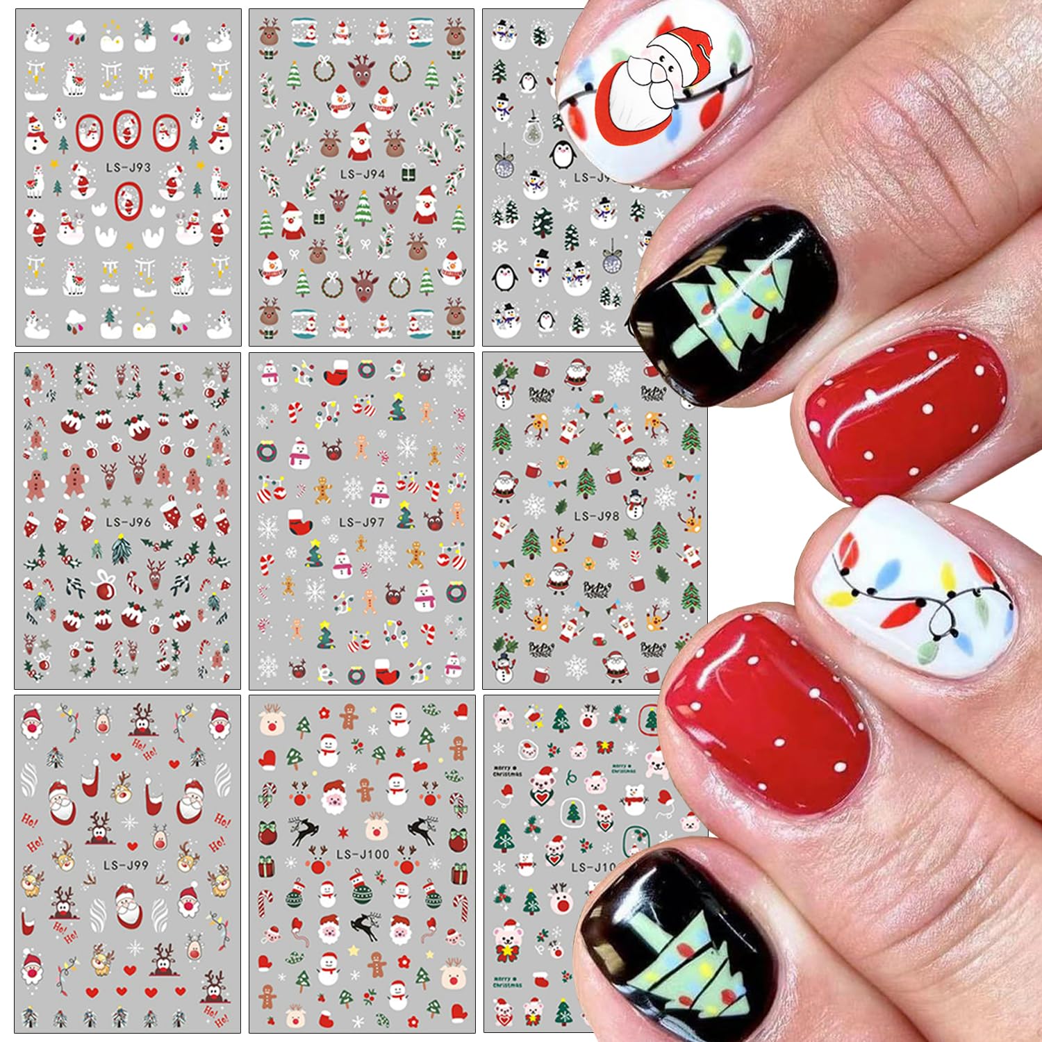 9 Sheets Christmas Nail Art Stickers 3D Self-Adhesive Winter Xmas Nail Decals Santa Claus Xmas Tree Snowman Elk Nail Design Stic