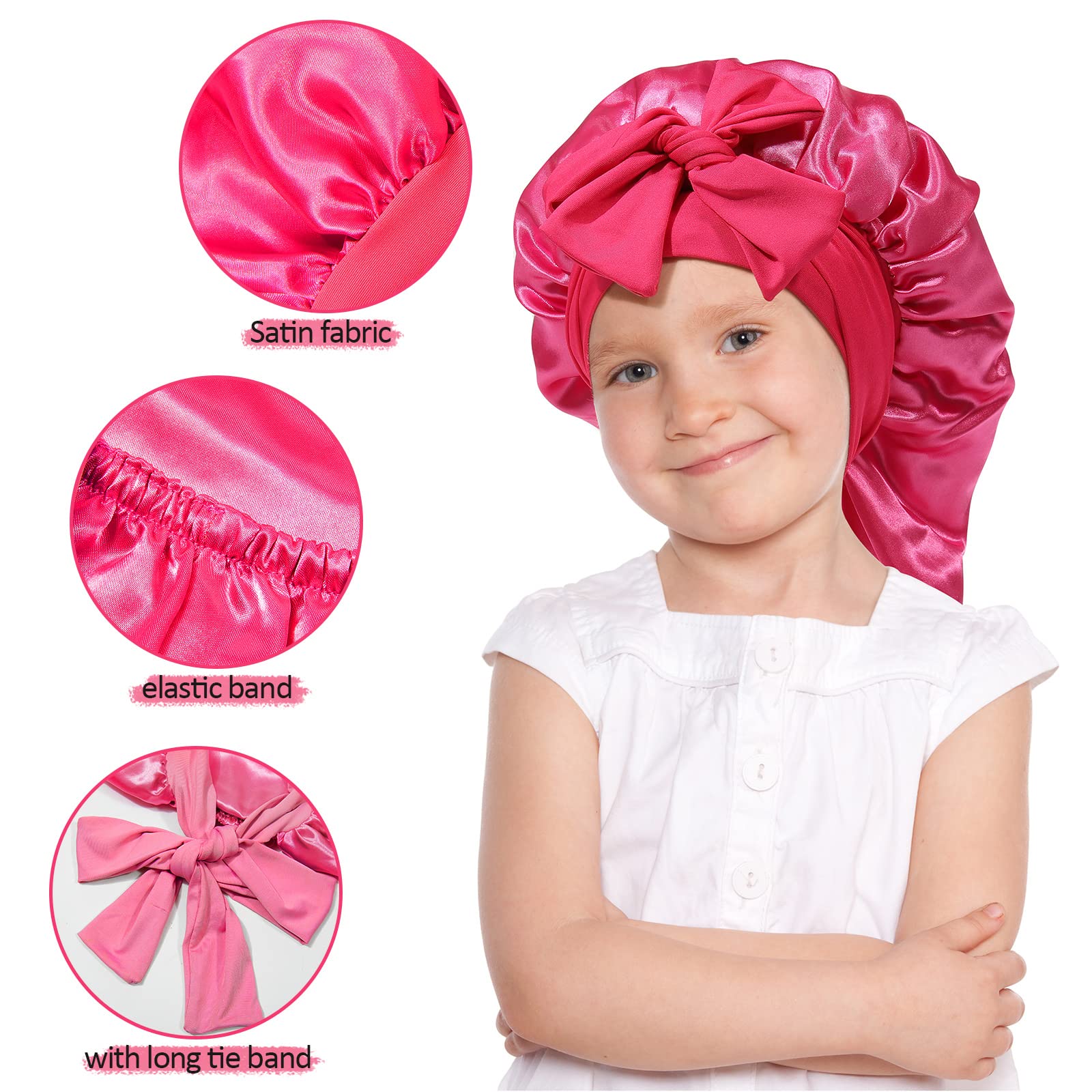 Awaytr Long Toddler Silk Bonnet For Sleeping Elastic Satin Bonnets For Curly Hair Braid Bonnet Night Cap For Aged 3-12 Kids (Ros