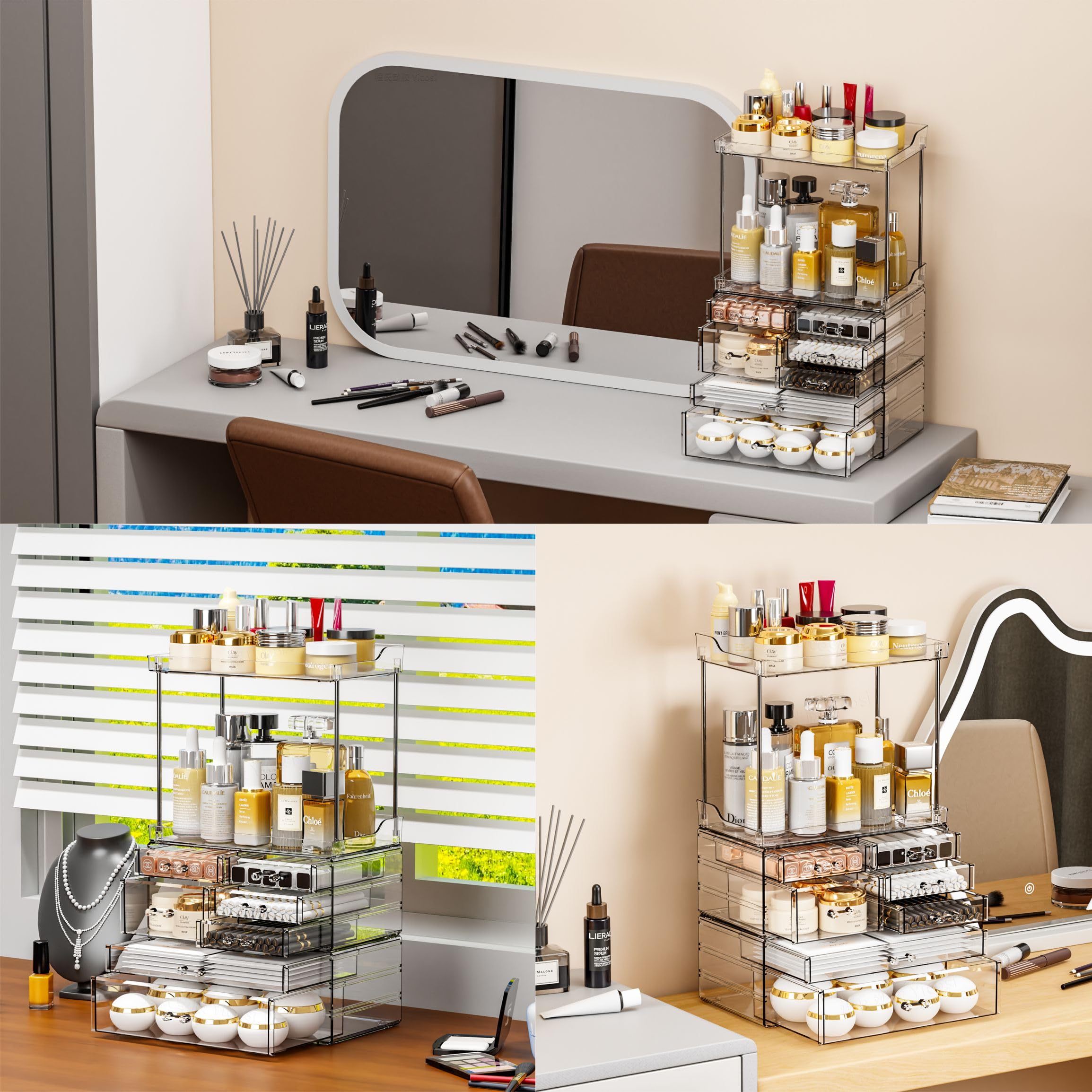 Yieach 3 Pack Clear Bathroom Counter Organizer With Drawers - Stackable Design,19.1'' Tall Large Capacity - Suitable As Makeup O