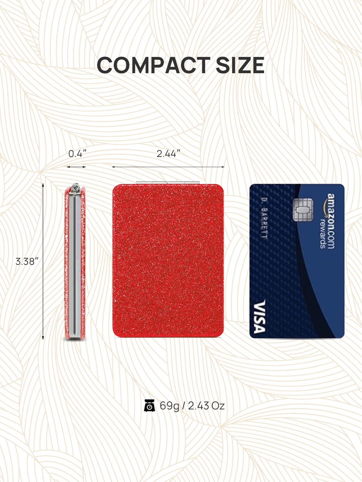 Omiro Compact Mirror, Glitter Pu Leather 1X/3X Magnification, Ultra Portable For Purses, 2.4'' W X 3.4'' L (Red)