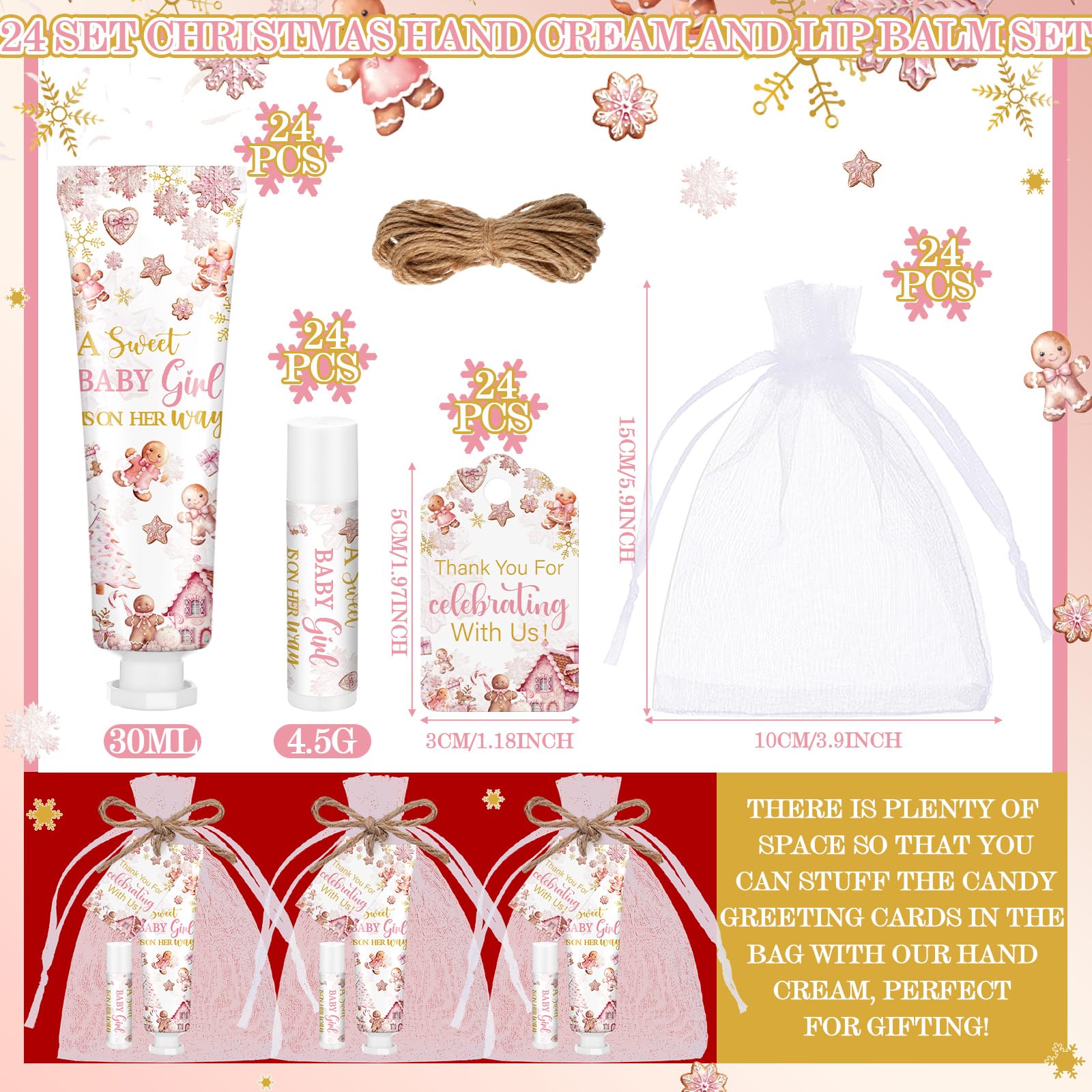 Dansib 24 Sets Christmas Gingerbread Baby Shower Hand Cream and Lip Balm Gift Christmas Baby Shower Party Favors Travel Size Han