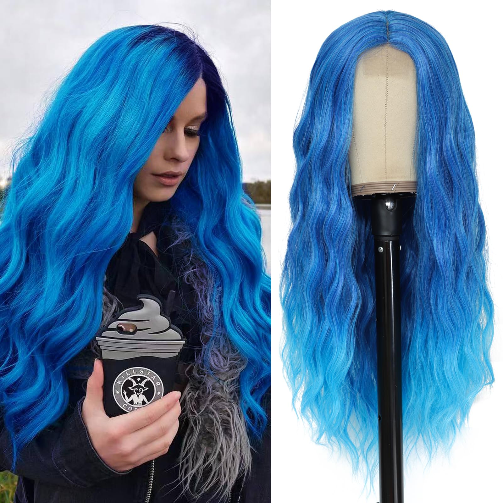 YBYMCAI Blue Wig - Long Blue Wavy Wigs for Women Middle Part Ombre Blue Wig 26 inch Natural Curly Synthetic Wig Heat Resistant F