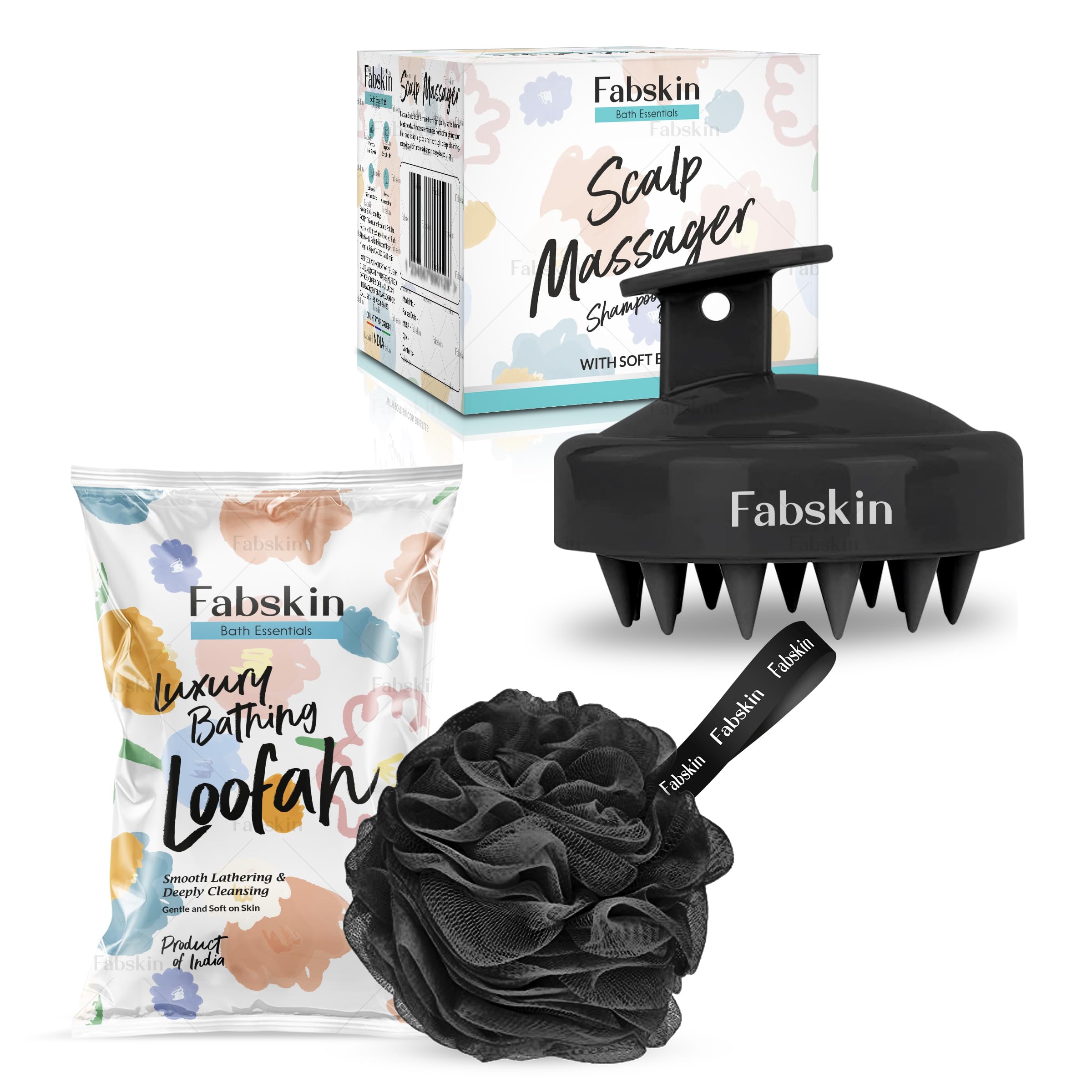 FABSKIN Loofah for Bathing & Scalp Massager Shampoo Brush Combo For Men & Women | Black