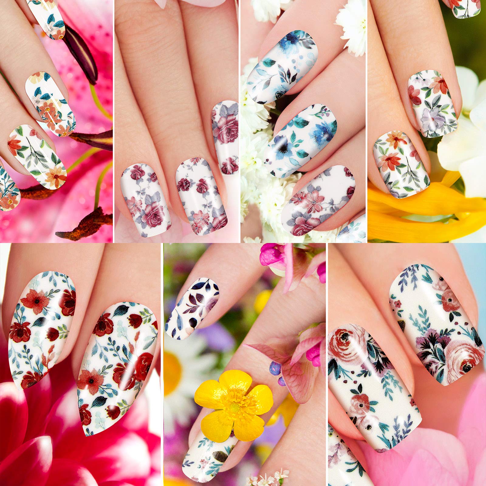 168 Pieces 12 Sheets Full Wraps Nail Polish Stickers Flower Print Self-Adhesive Nail Art Decal Strips Manicure Kits Colorful Flo