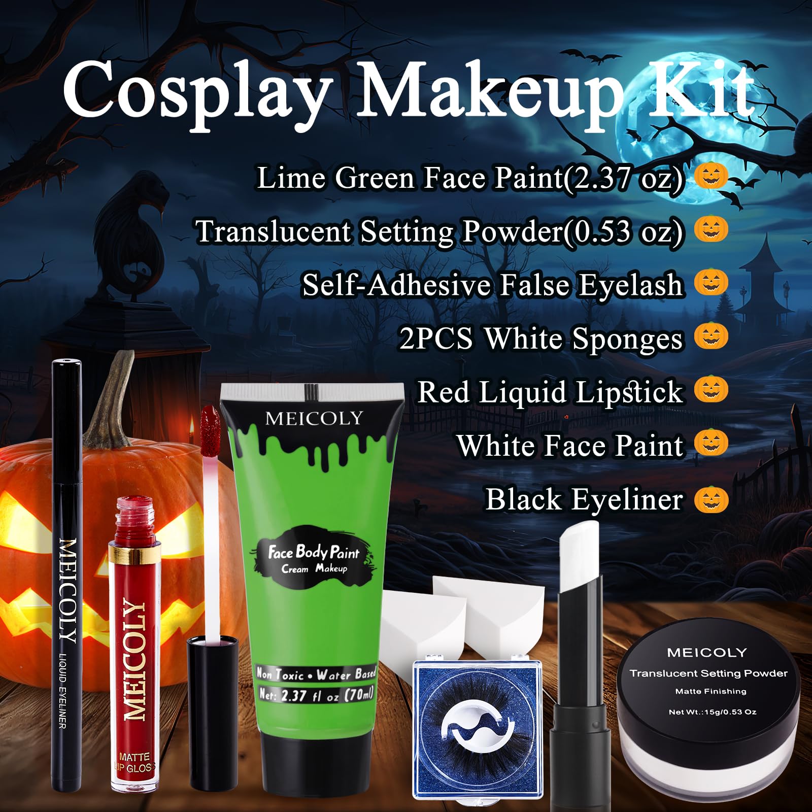 Meicoly Christmas Makeup Kit,Christmas Green Face Paint Makeup,Wicked Witch Cosplay,Lime Green Face Paint+White Face Paint Stick