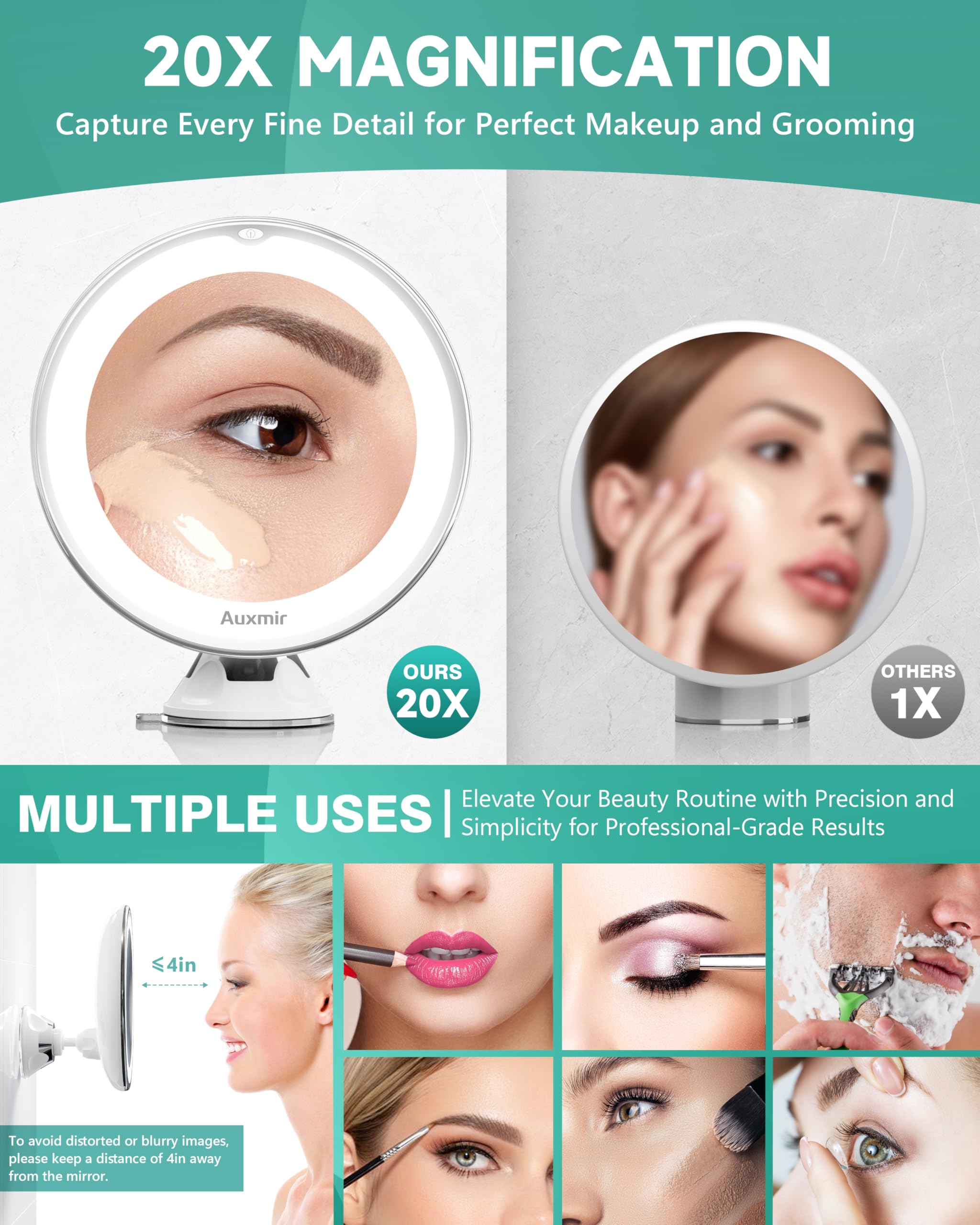 Auxmir Upgraded 20X Magnifying Lighted Makeup Mirror With 2-Level Brightness, Vanity Mirror With Power Suction Cup, 360 Swivel,
