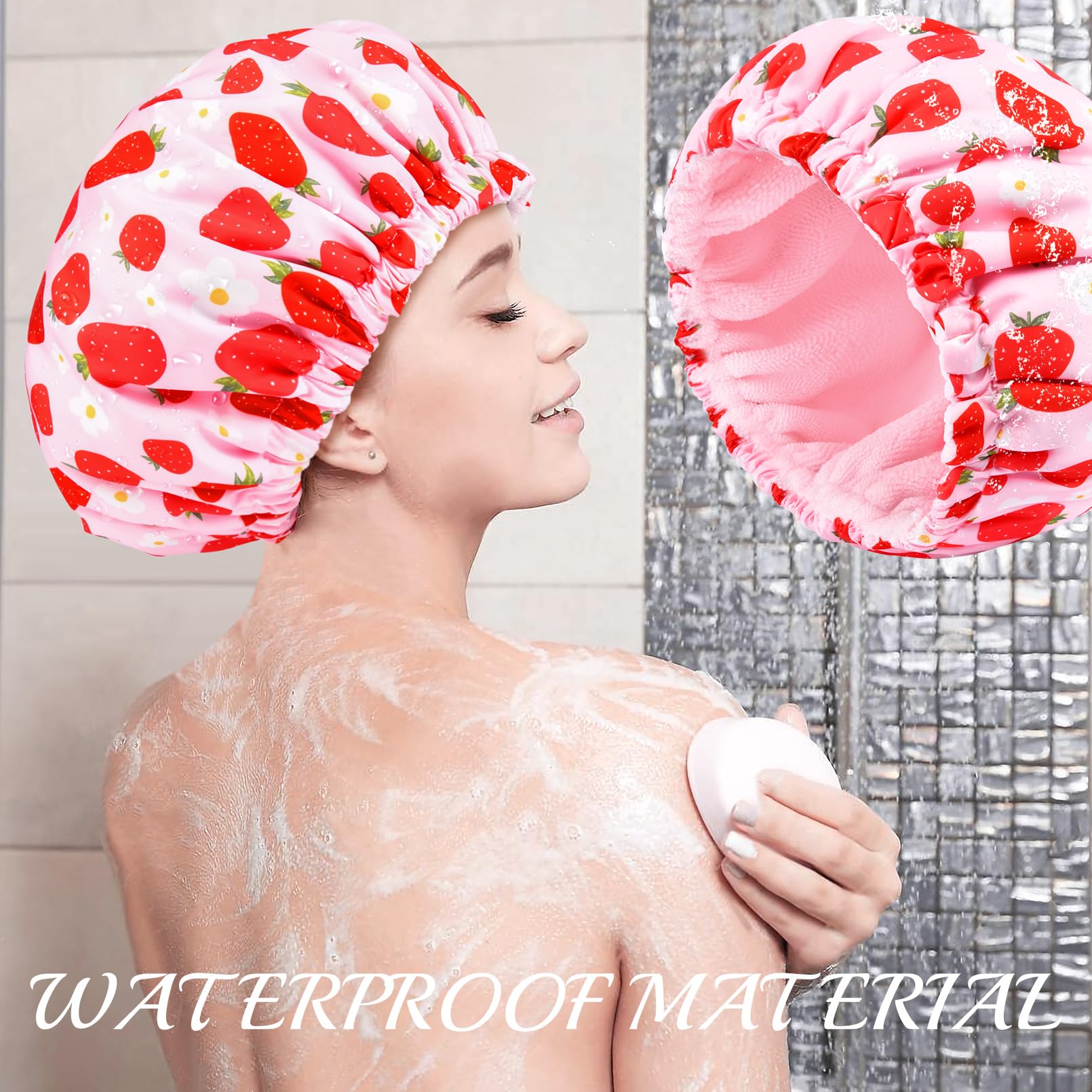 Shower Cap For Women Terry Lined Bath Cap Large Reusable Waterproof Elastic Band Pink Strawberry Shower Caps For Long Thick Hair