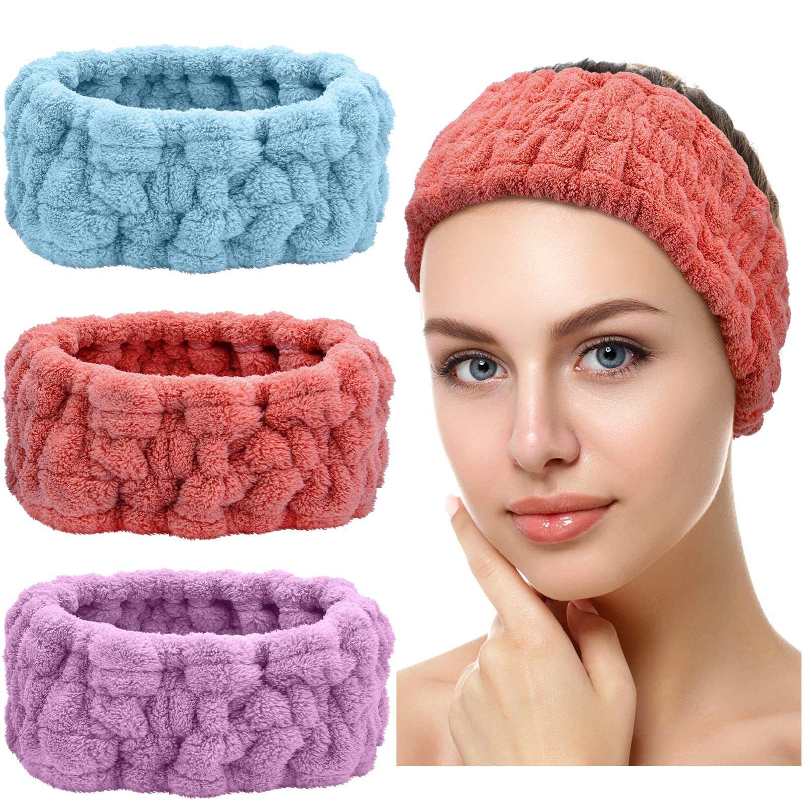 Chuangdi 3 Pieces Elastic Headband For Makeup, Yoga, Sports Shower - Head Wrap For Women And Girls (Red, Blue, Purple)