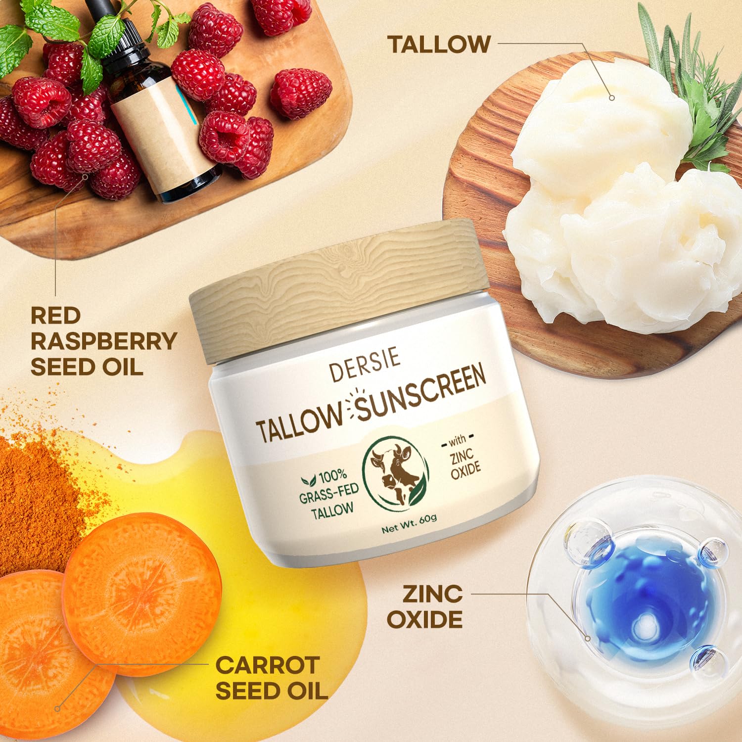 Beef Tallow Sunscreen With Zinc Oxide: Tallow & Zinc Oxide Instant Sun Protection - Non Greasy Formula With Beeswax, Red Raspber