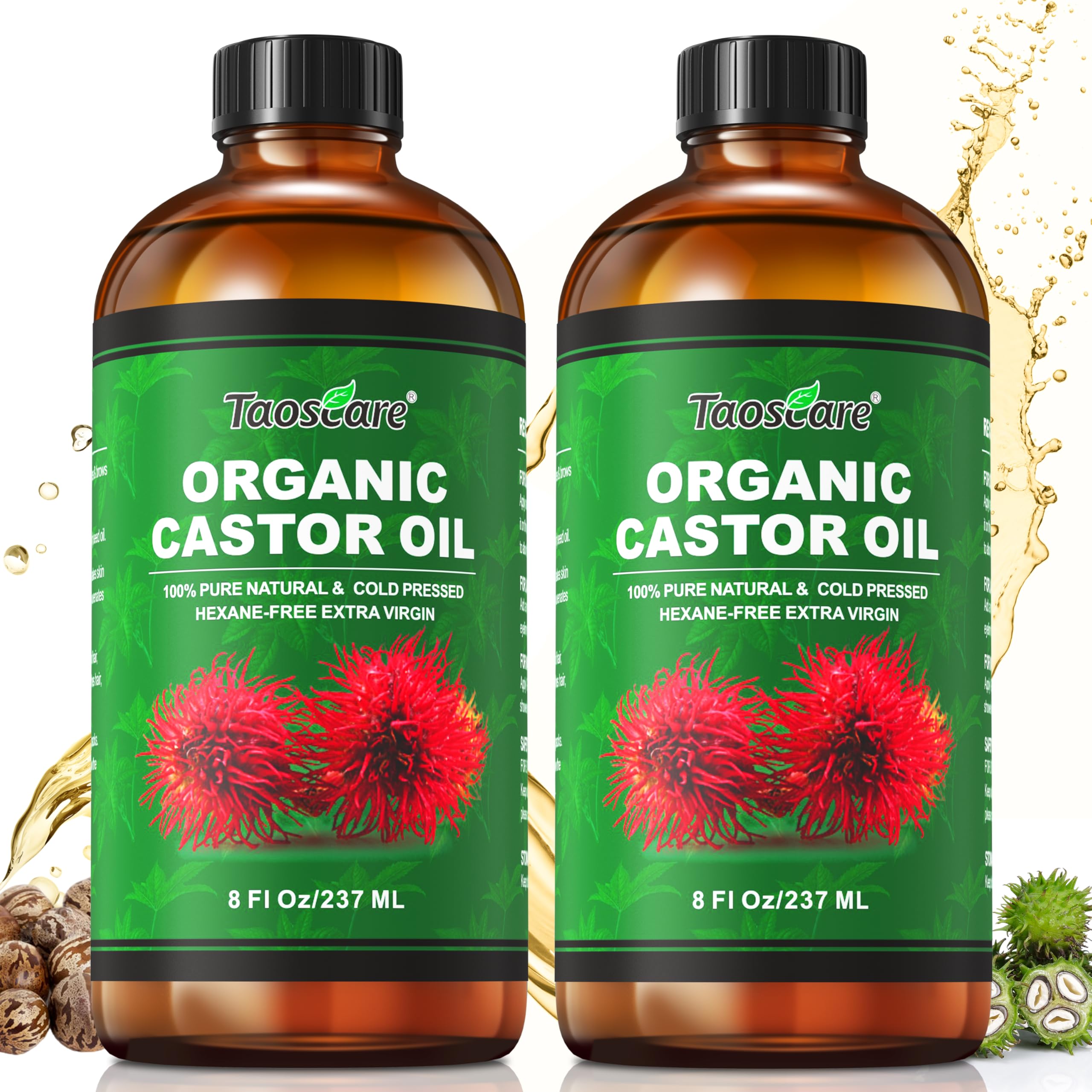 2 Pack Castor Oil Organic Cold Pressed Unrefined Glass Bottle With 2 Pumps - Pure & Hexane-Free For Hair Growth, Skin Care, Lash
