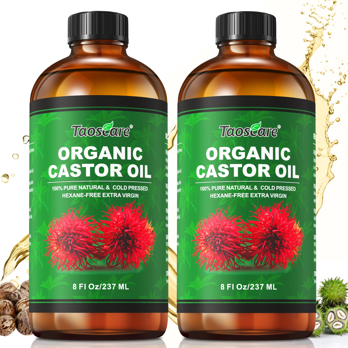 2 Pack Castor Oil Organic Cold Pressed Unrefined Glass Bottle With 2 Pumps - Pure & Hexane-Free For Hair Growth, Skin Care, Lash