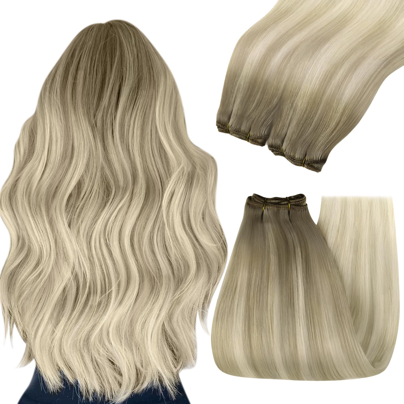 YoungSee Weft Human Hair Extensions Ombre Blonde Weft Extensions Real Human Hair Ash Blonde Ombre Sunkissed Blonde Sew in Hair E