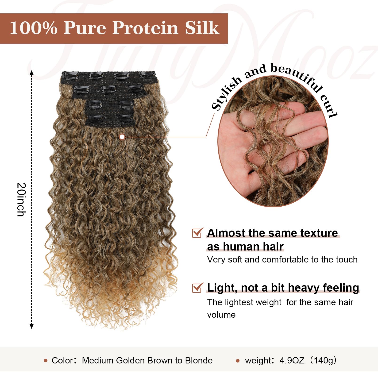 Clip In Hair Extensions, Flufymooz 4Pc 100% Pure Protein Silk Hair Extensions Long Soft Natural Hairpiece 20 Inch Curly Hair Ext