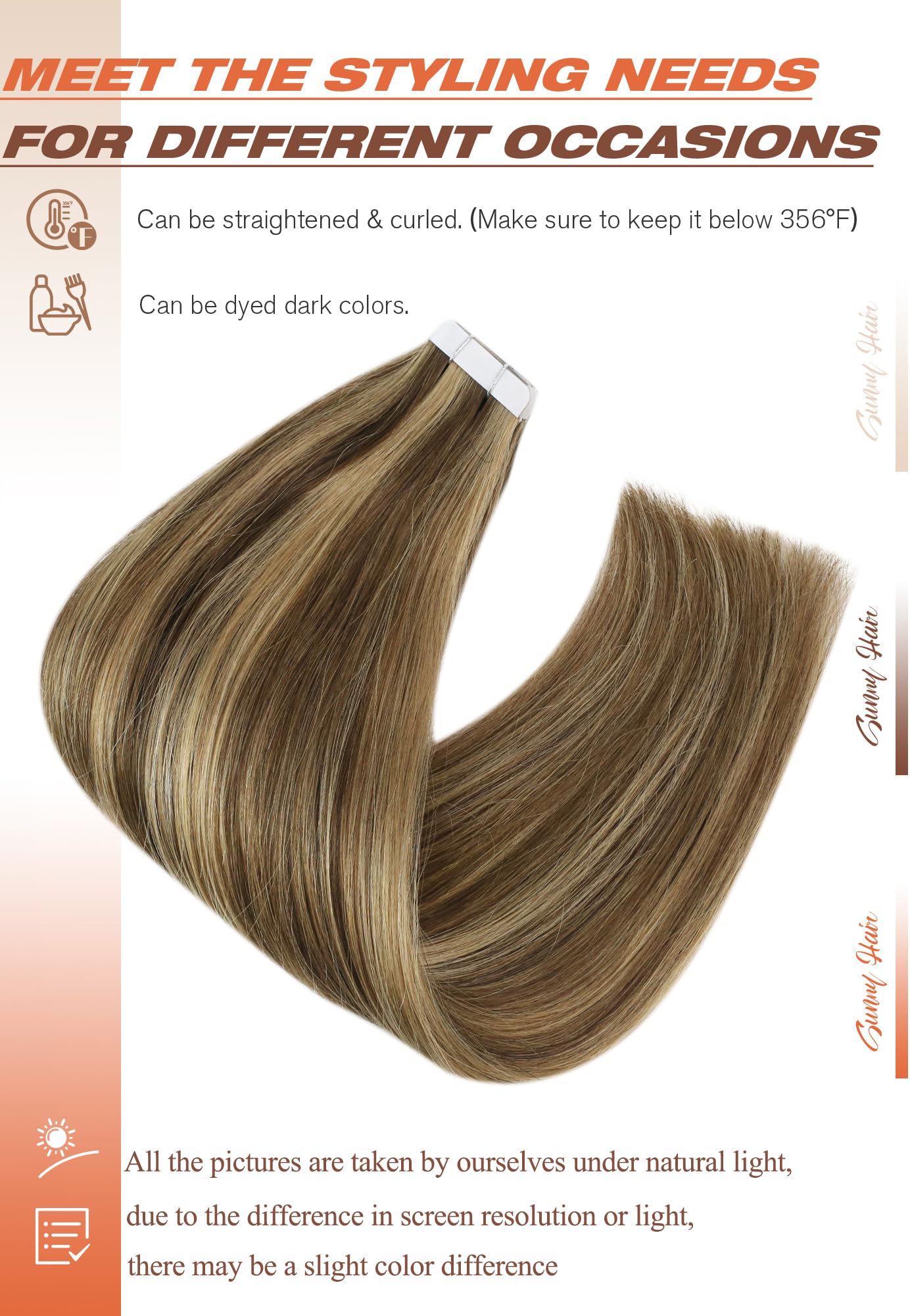 Sunny Hair Tape in Hair Extensions Real Human Hair Invisible Remy Hair Extensions Tape ins for Women Dark Brown Highlight Carame
