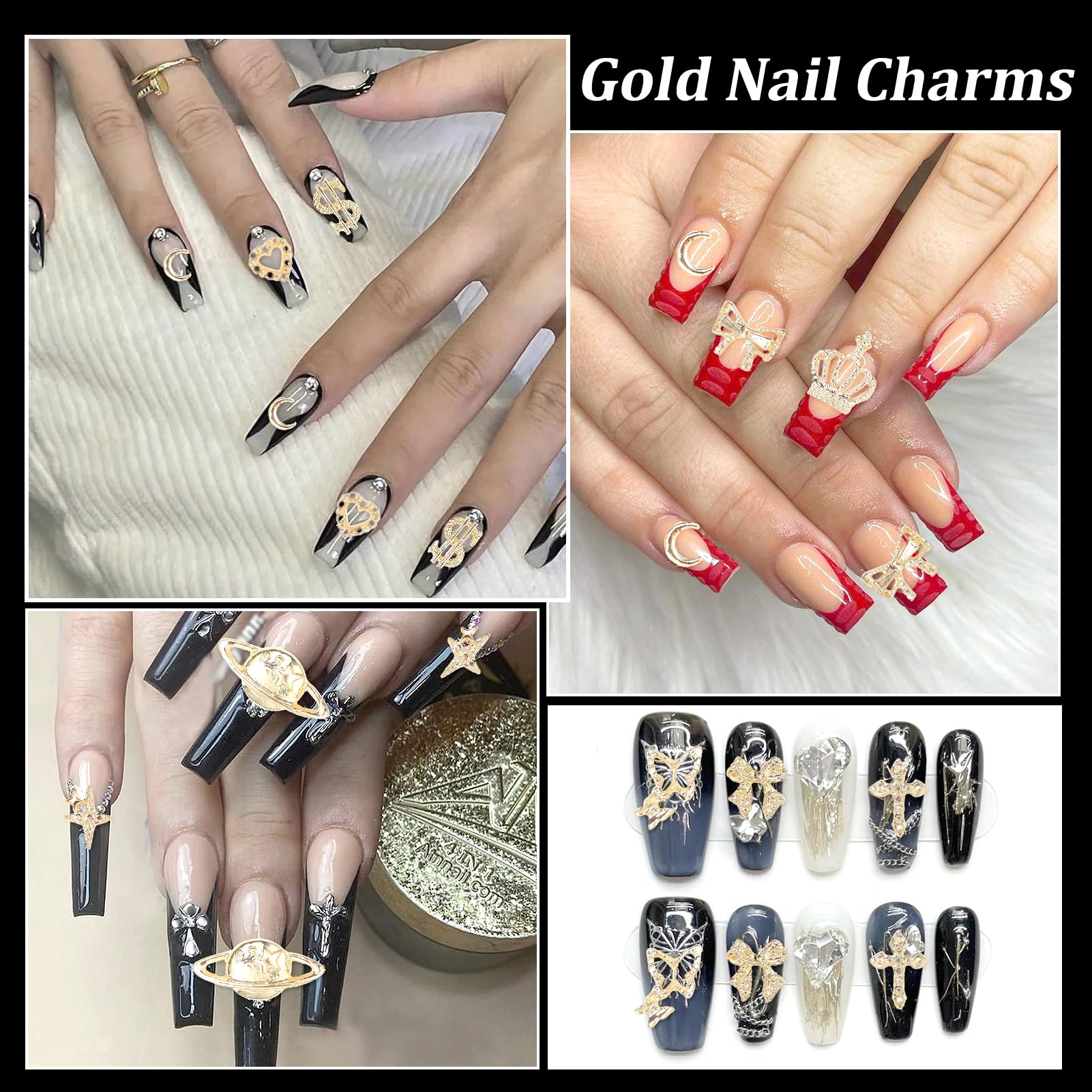 120 Pcs 12Styles 3D Gold Alloy Nail Charms Kit, Dollar Crown Butterfly Metal Nail Charms, Shiny Bows Planet Cross Heart Nail Cha