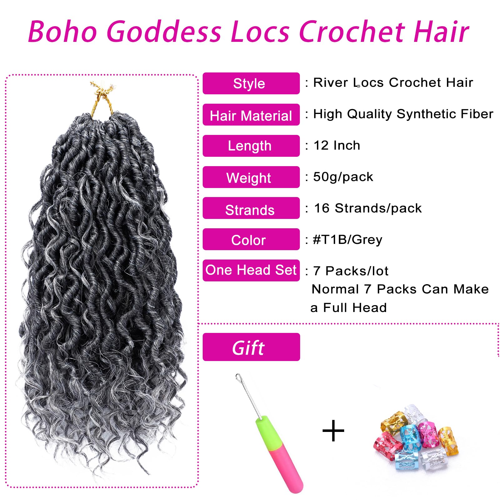 Goddess Locs Crochet Hair 12 Inch 7 Packs Ombre Grey Boho Faux Locs Crochet Hair for Black Women Pre Looped Crochet Locs with Cu