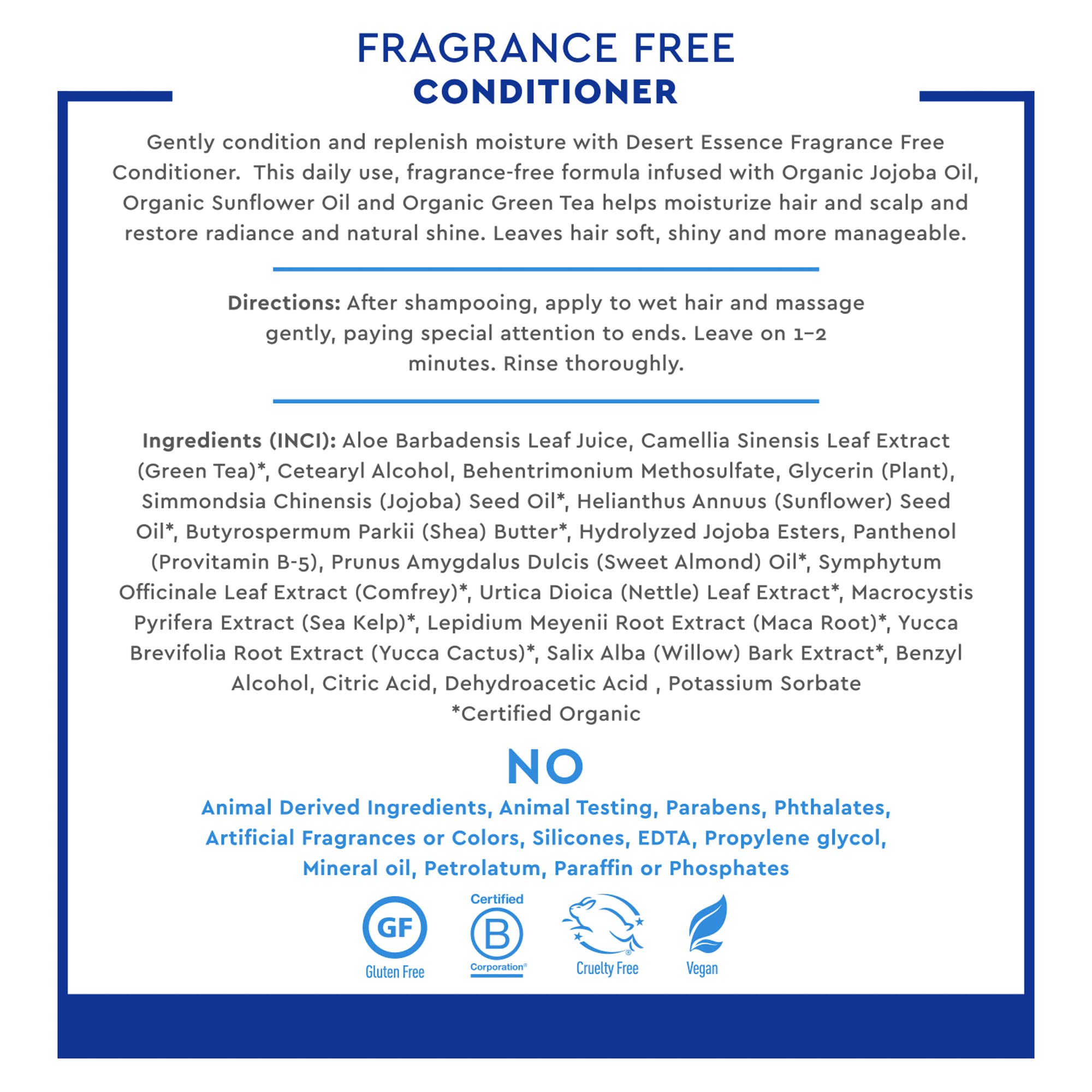 Desert Essence Fragrance Free Conditioner - Pure - 8 Fl Ounce - Gloss & Shine - Smoothes & Softens Hair - No Oil Residue - Antio