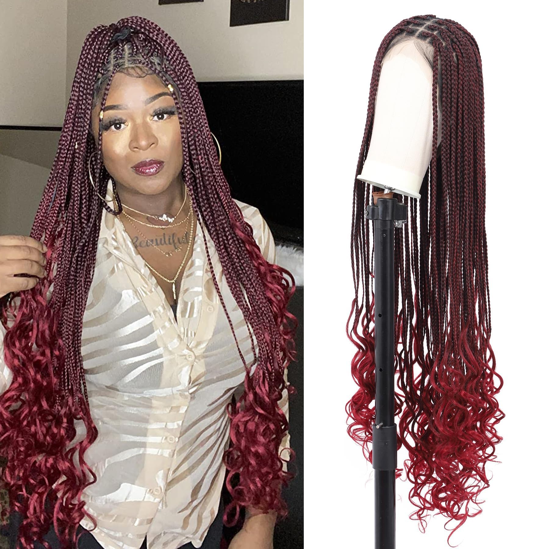 Olymei Box Braid Wigs With Boho Curls Ends Square Knotless Braided Wigs for Women Braided Lace Wig with Baby Hair Human Hair Ble