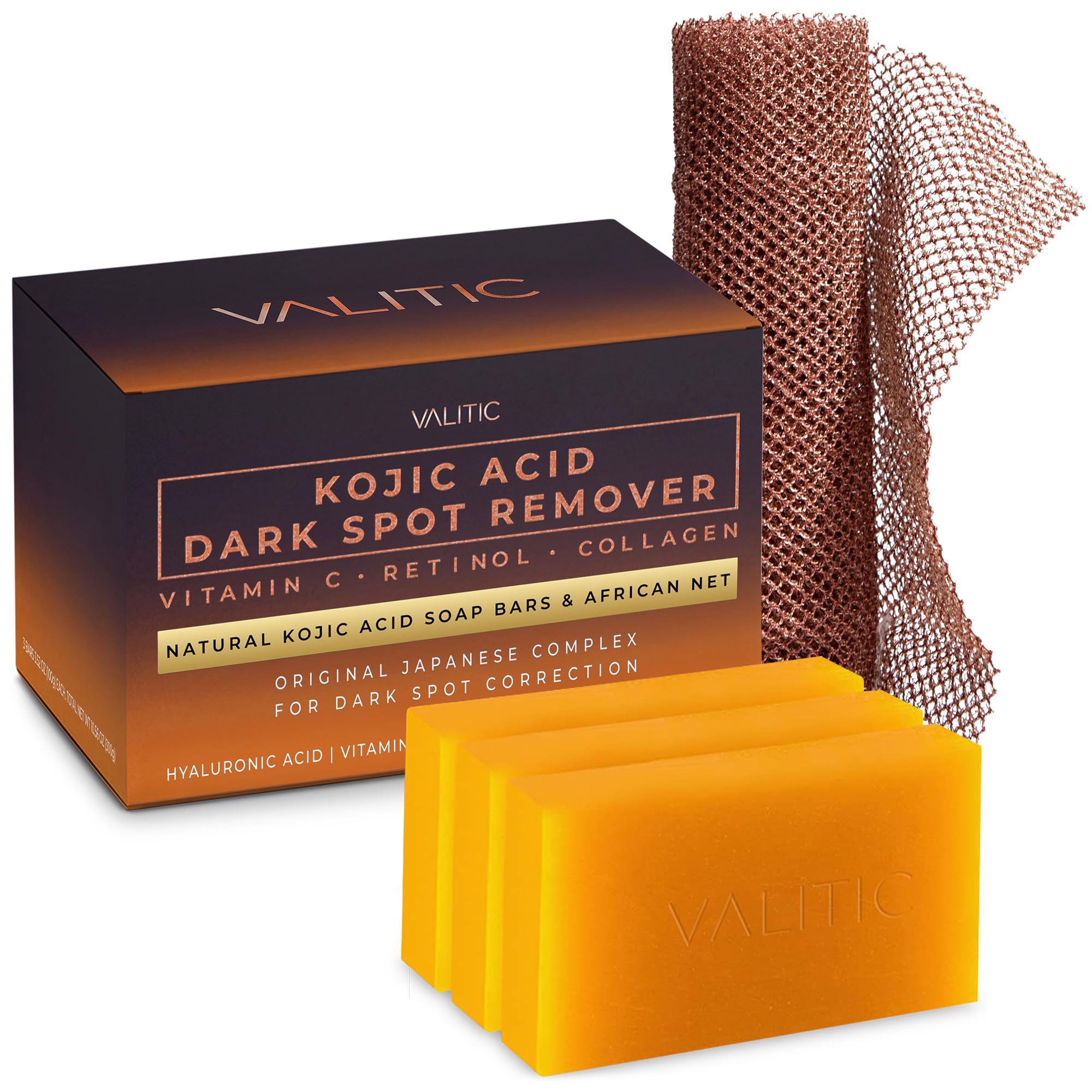VALITIC Kojic Acid Dark Spot Remover Soap with Turmeric, Vitamin C, Retinol - Original Japanese Complex with Hyaluronic Acid, Vi
