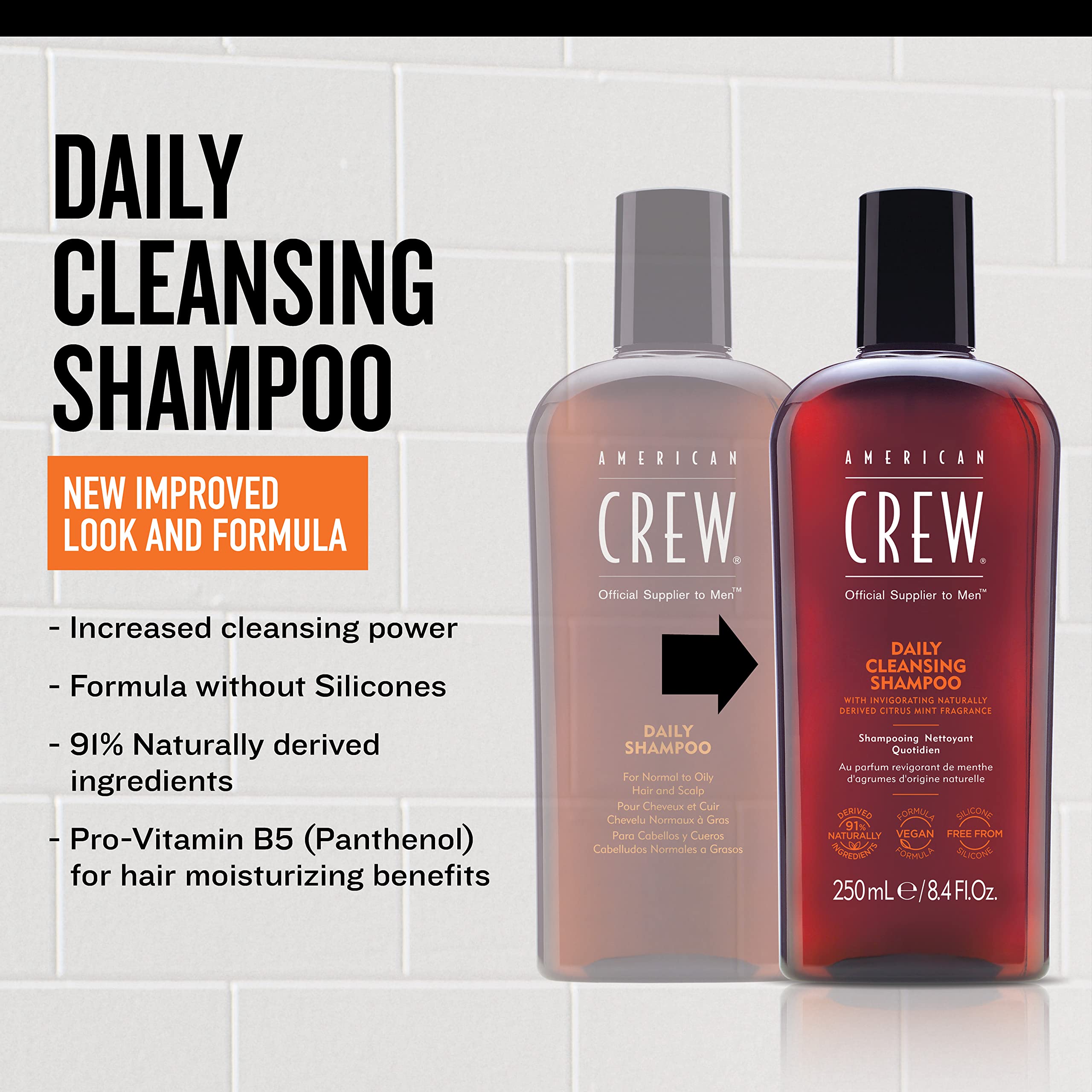American Crew Shampoo For Men, Daily Cleanser, Naturally Derived, Vegan Formula, Citrus Mint Fragrance, 8.45 Fl Oz