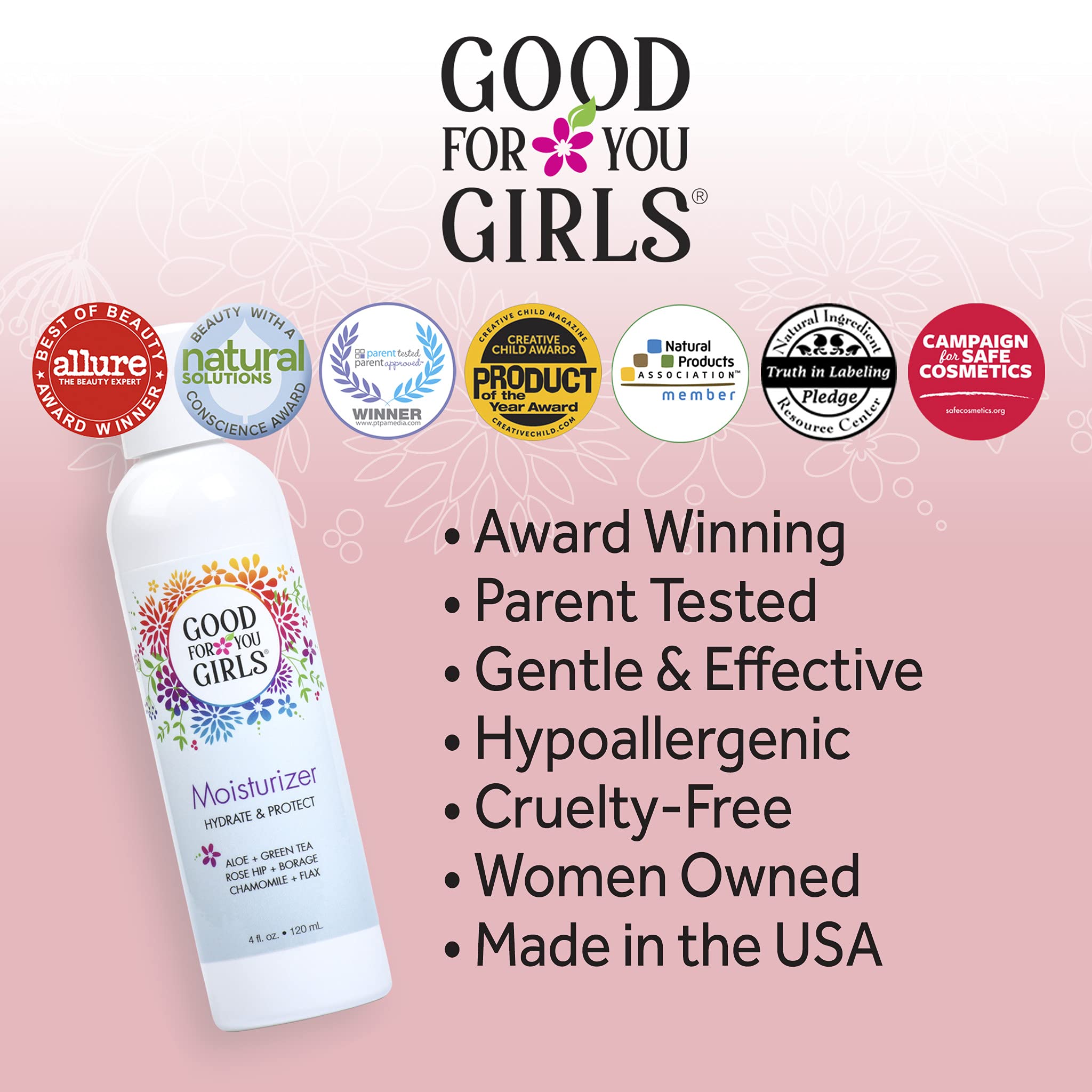 Good For You Girls Natural Facial Moisturizer, Calming and Non-Comedogenic with Aloe, Vitamin E, Arnica, Rose Hip, Borage, Green