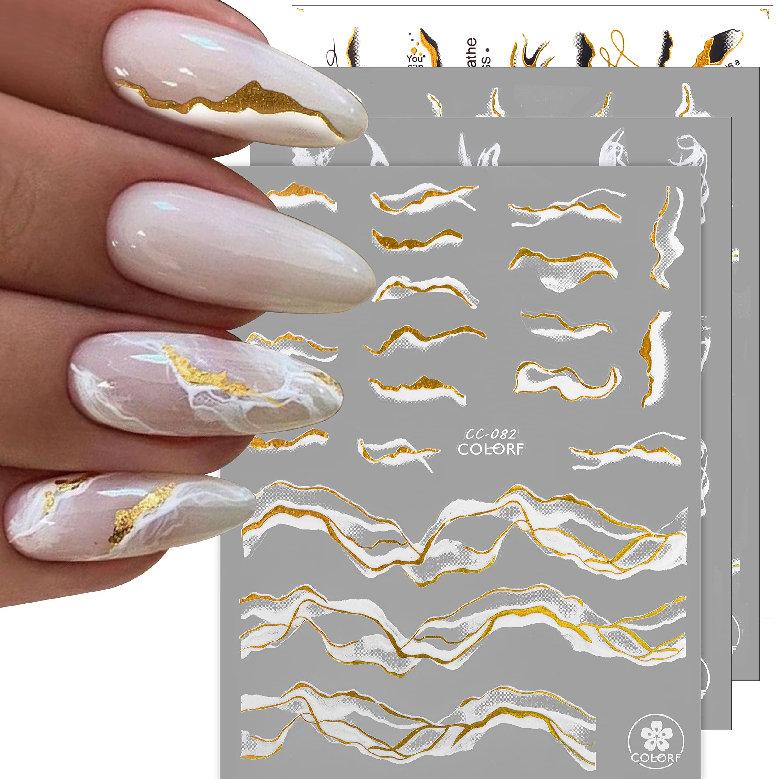 12 Sheets Nail Art Stickers Decals,TOROKOM Self-Adhesive White Black Gold Stripe Line Nail Decals Marble Wave Nail Sticker Suppl