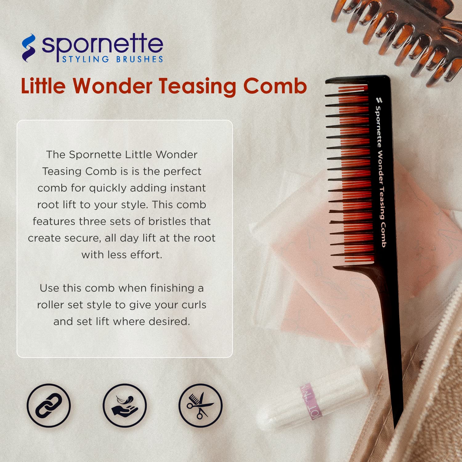 Spornette Little Wonder Teasing Comb (TC-1) - Triple Teasing Comb With A Three Row Comb And Rat Tail Handle For Parting Hair - A