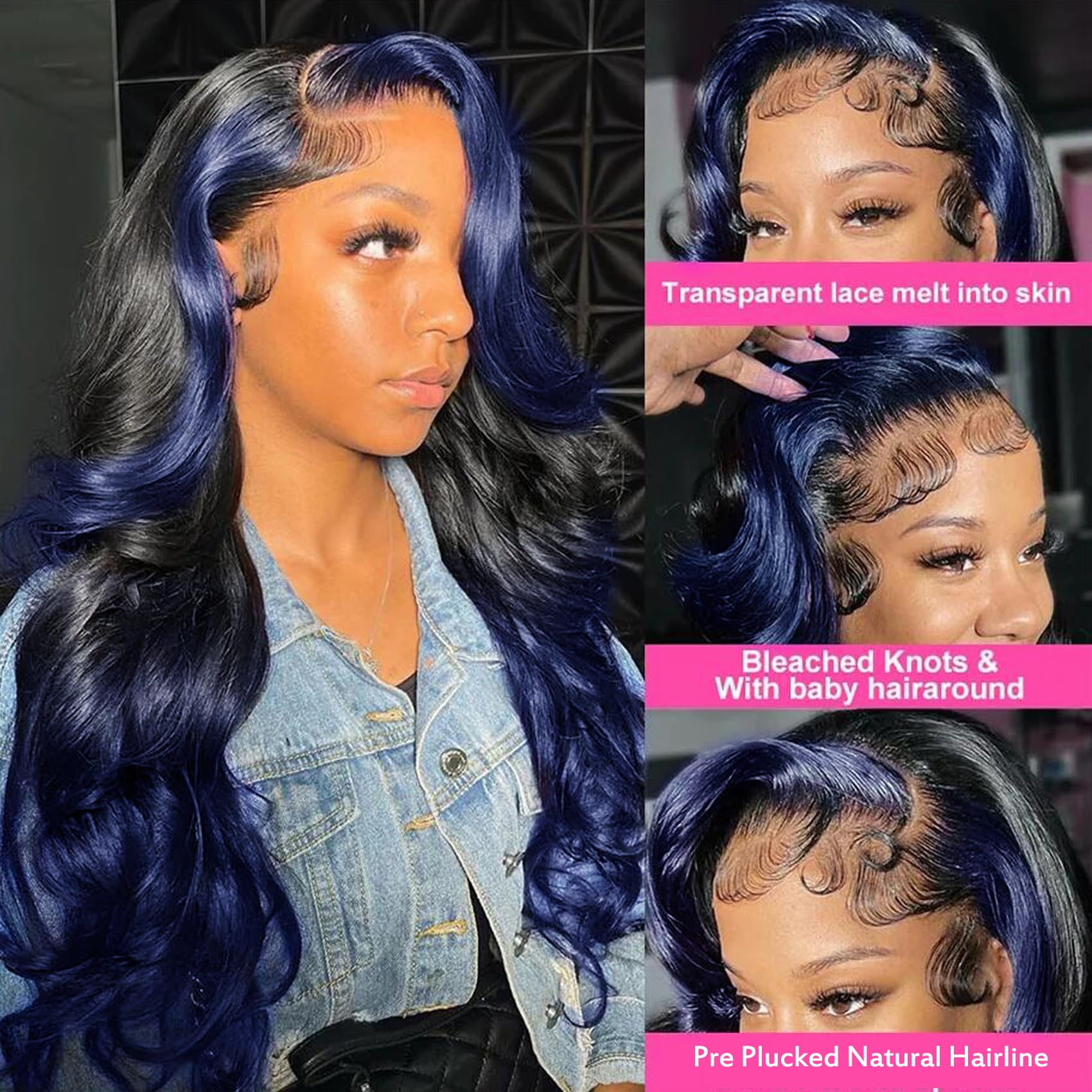 Yms Ombre Blue Human Hair Wig, 180% Density, Body Wave, 24 Inches, Lace Front, Glueless, Pre-Plucked, Transparent Swiss Lace, Wi