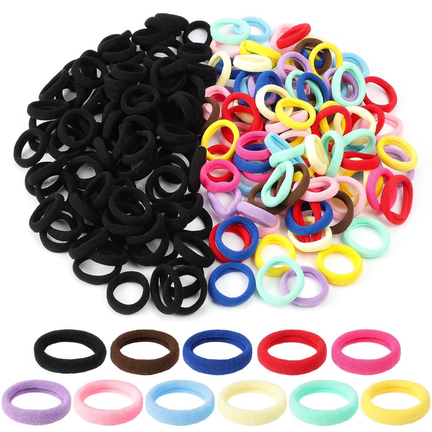 200Pcs Baby Hair Ties, 1 Inch Seamless Toddler Hair Ties for Girls and Kids, Small Multicolor and Black Hair Bands
