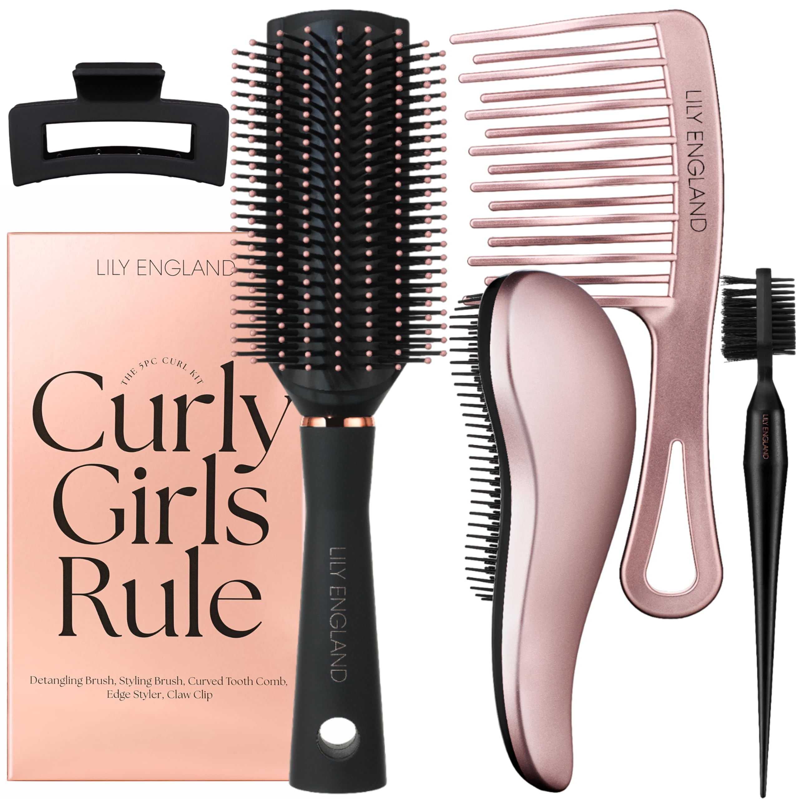 Lily England Curly Hair Brush Set - For Kids & Women with Detangler, Wide Tooth Comb, Edge Brush & Claw Clip - The Ideal Gift