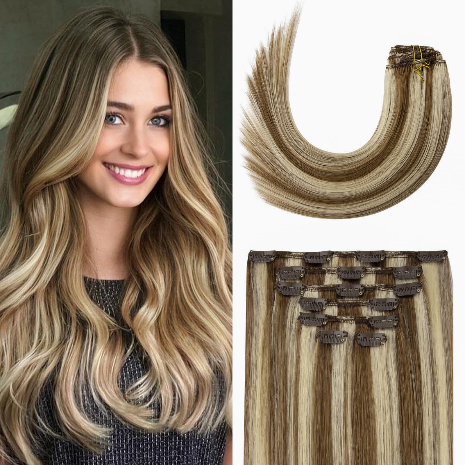 20 Inch Clip in Hair Extensions 70G Light Brown to Blonde Highlights 100% Remy Human Hair Extensions 7A Soft Silky Straight 7pcs