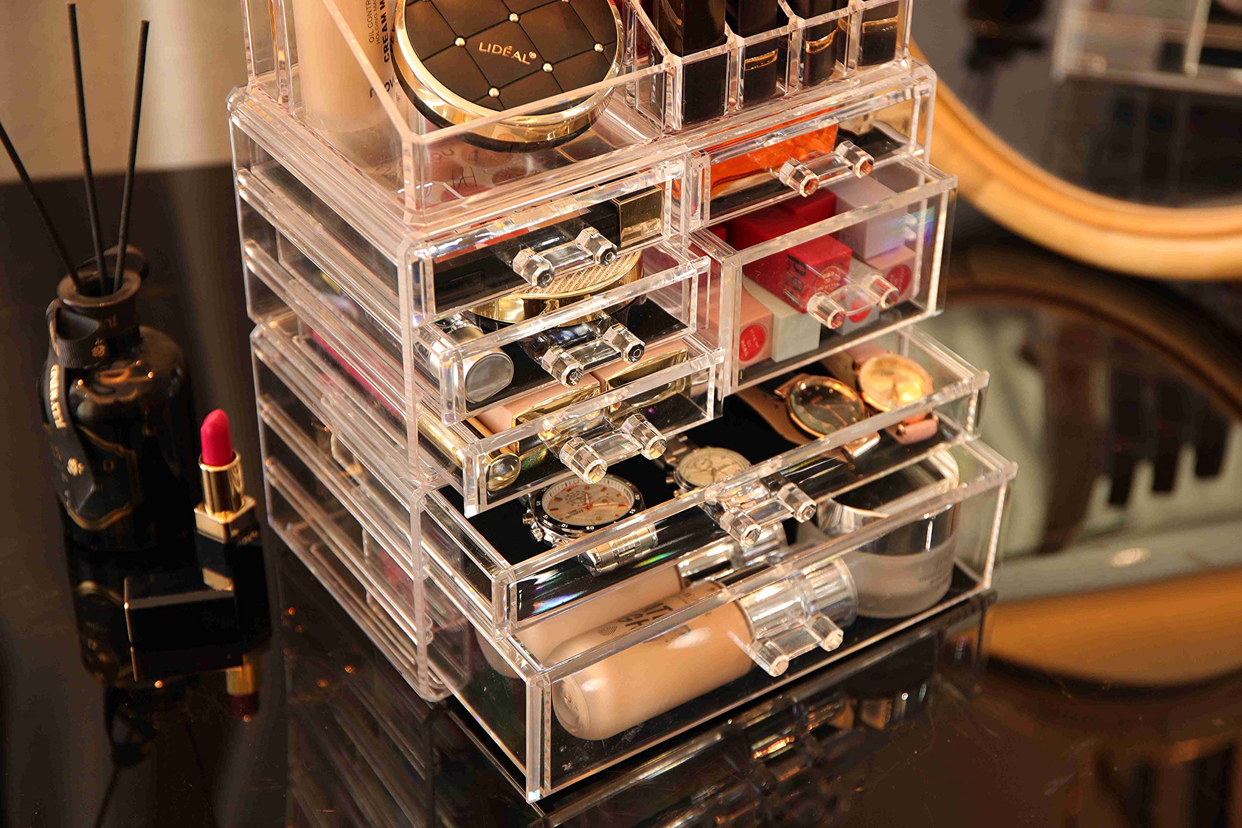 Cq acrylic 3 Pack Clear Skincare Organizer for Vanity, Stackable 7 Drawers Make Up Organizer,Cute Cosmetic Organizer for Vanity