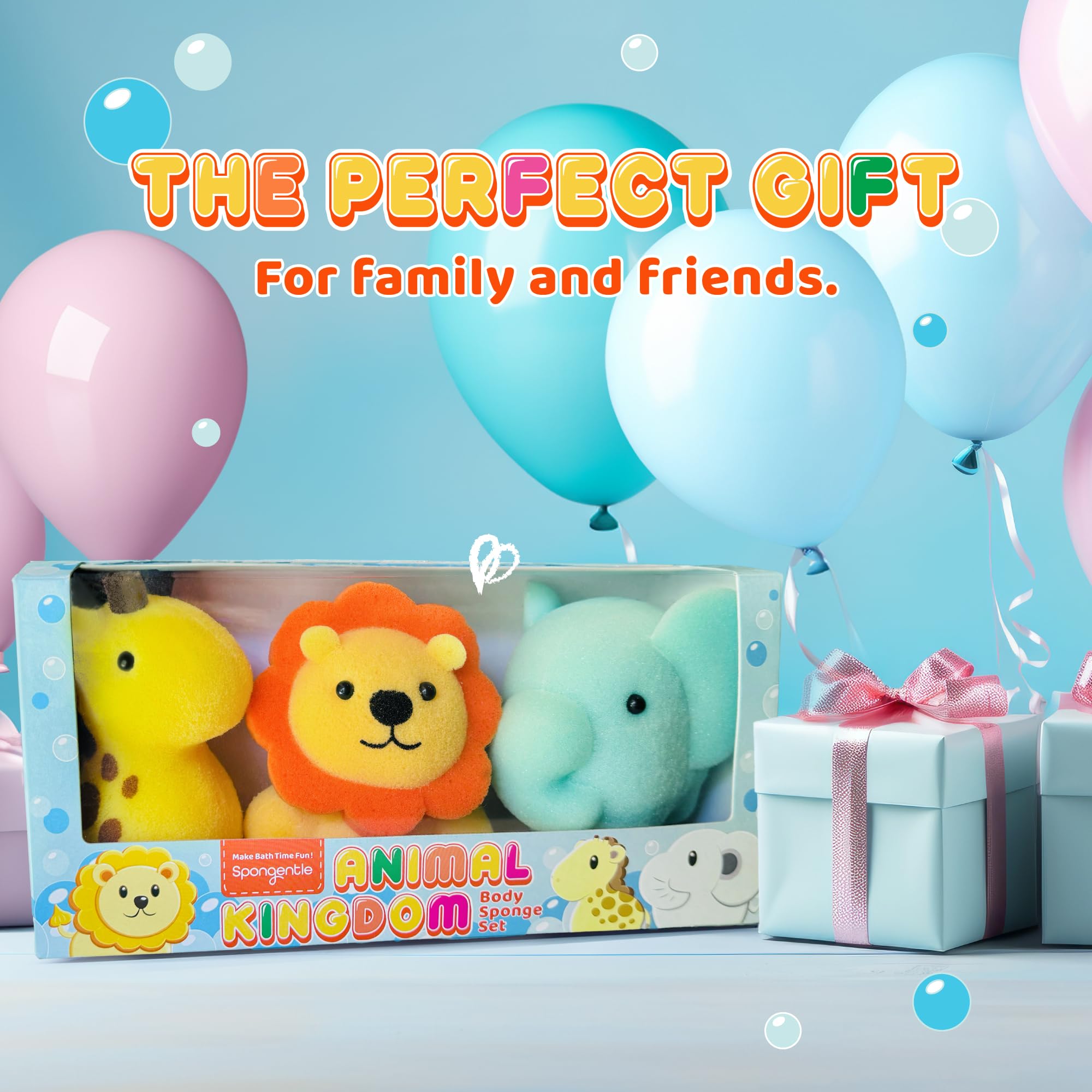 Spongentle Baby Bath Sponge Gift Set - Animal Kingdom Sponge 3 Pack - Bath Essentials For Baby Boys Girls Infants, Baby Gifts Fo