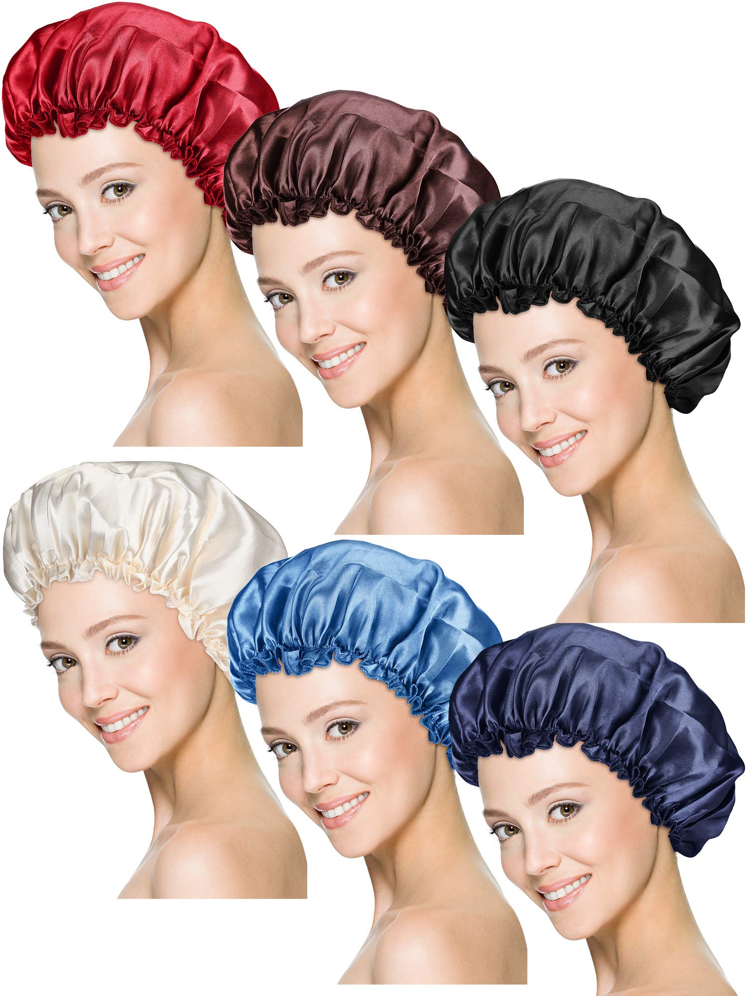 6 Pieces Sleep Cap Satin Bonnet Sleeping Hat Soft Elastic Night Hair Cover for Women Girls (Red, Navy Blue, Dark Blue, Brown, Bl