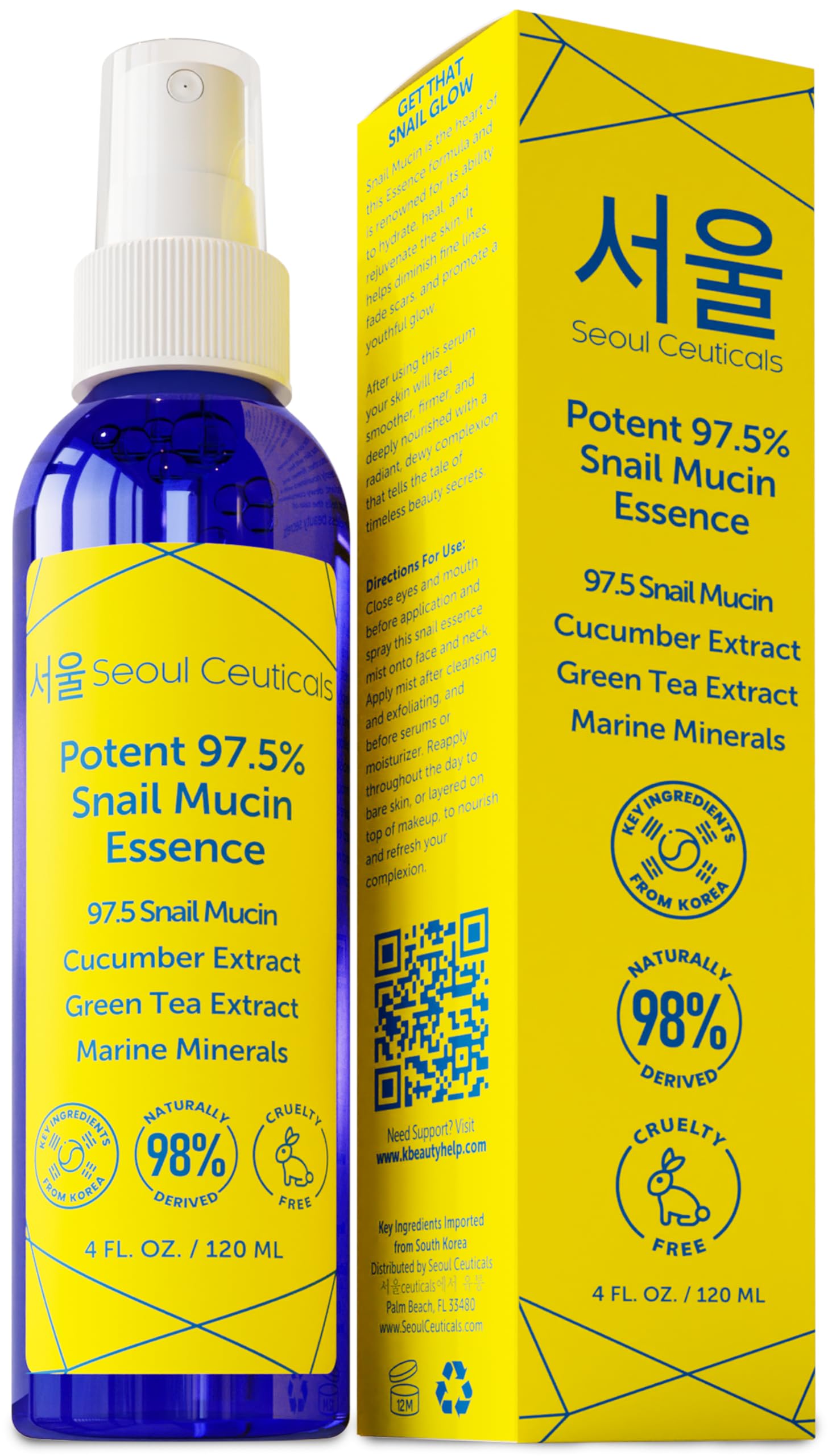 Seoulceuticals Korean Face Mist 97.5% Snail Mucin Essence - K Beauty Skincare Facial Spray - Cucumber Extract + Marine Minerals