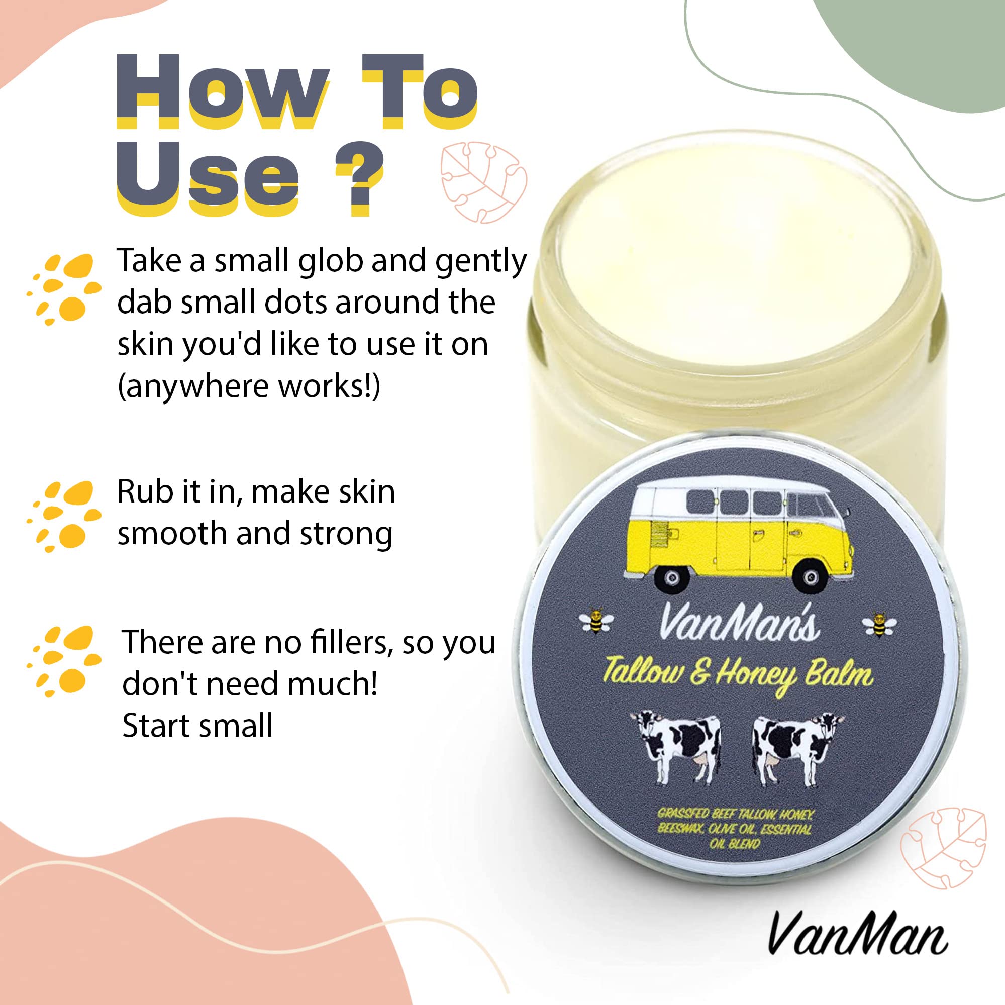 Vanman's NO ADDED SCENT Tallow and Honey Balm (2 oz) - Grass Fed Beef Tallow & Honey Balm w/Vitamins A, K, D, E - Tallow Moistur