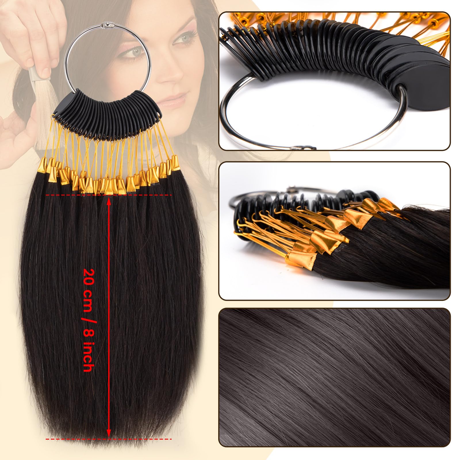 Noverlife 30Pcs 8'' Real Hair Color Rings, Black Human Hair Swatches N ...