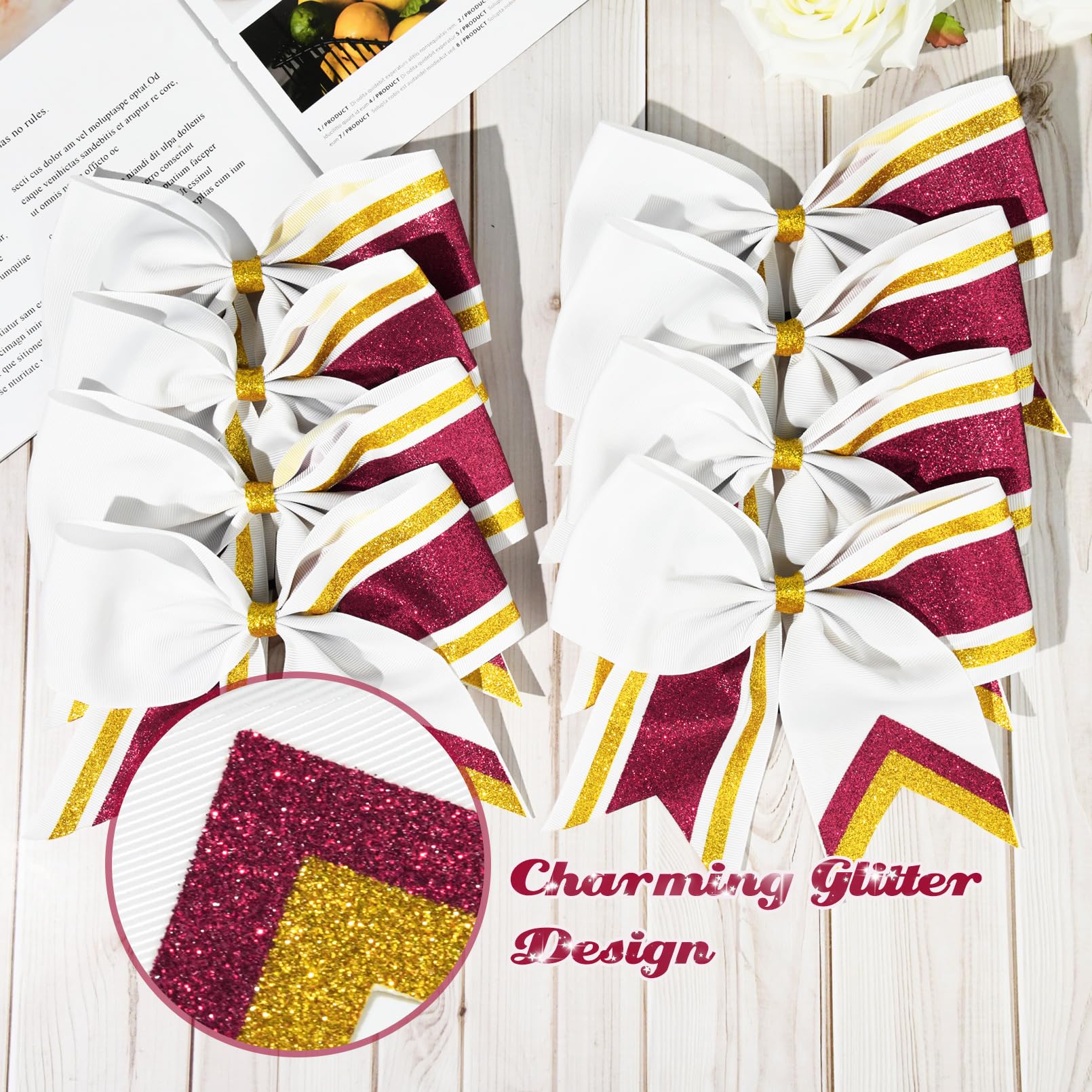 8 Pcs Large Cheer Hair Bows 8'' Glitter Hair Bows Gold Maroon Sparkly Cheerleading Softball Team Bow Hair Accessories For Cheerl