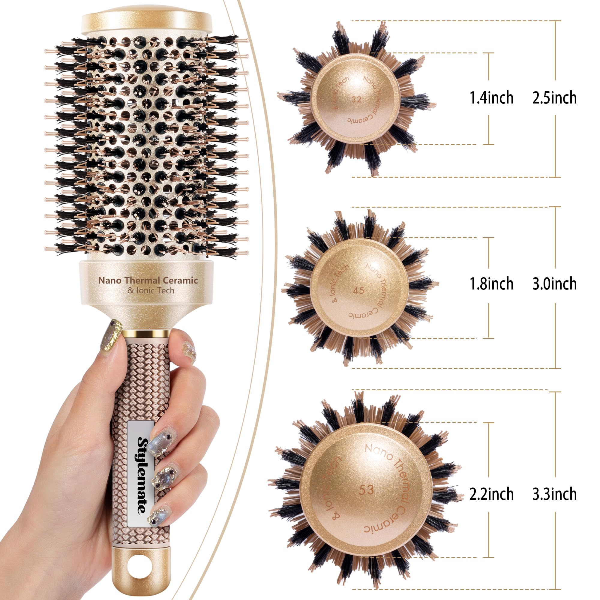 STYLEMATE Round Brush for Blow Out, Nano Thermal Ceramic & Ionic Tech, 2.1 Inch Barrel, Boar Bristles, Roller Brush for Blow Dry