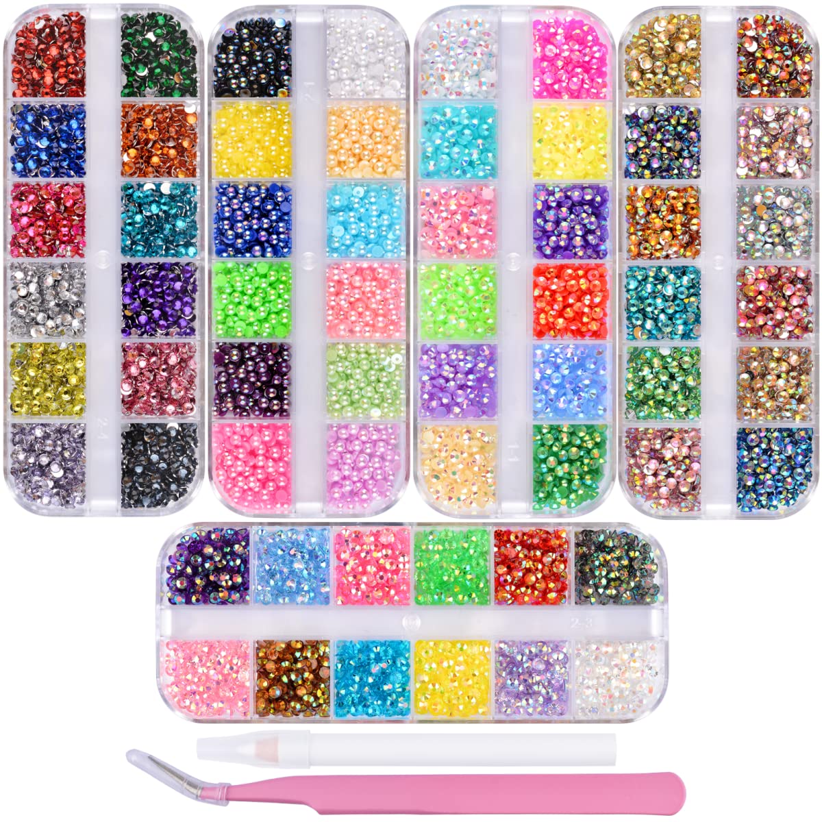 editTime 5 Boxes Shiny Colorful Nail Art Rhinestones Kit Crystals AB Flatback Jelly Mermaid Pearl Rhinestones Stones Gems with P