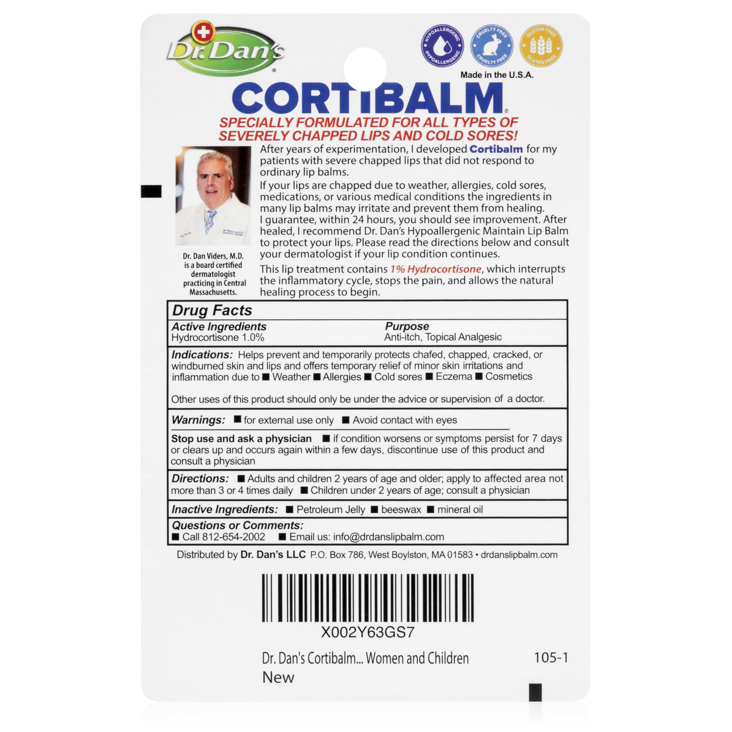 Dr. Dan'S Cortibalm -1 Pack-For Dry Cracked Lips - Healing Lip Balm For Severely Chapped Lips - Designed For Men, Women And Chil