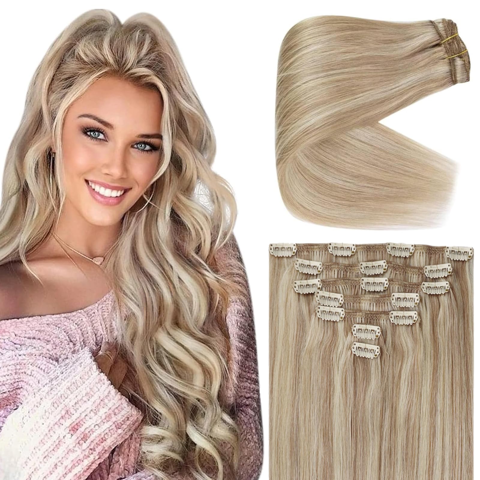 Ve Sunny Human Hair Clip in Extensions Blonde Clip in Hair Extensions Strawberry Blonde Highlights Bleach Blonde Clip in Hair Ex