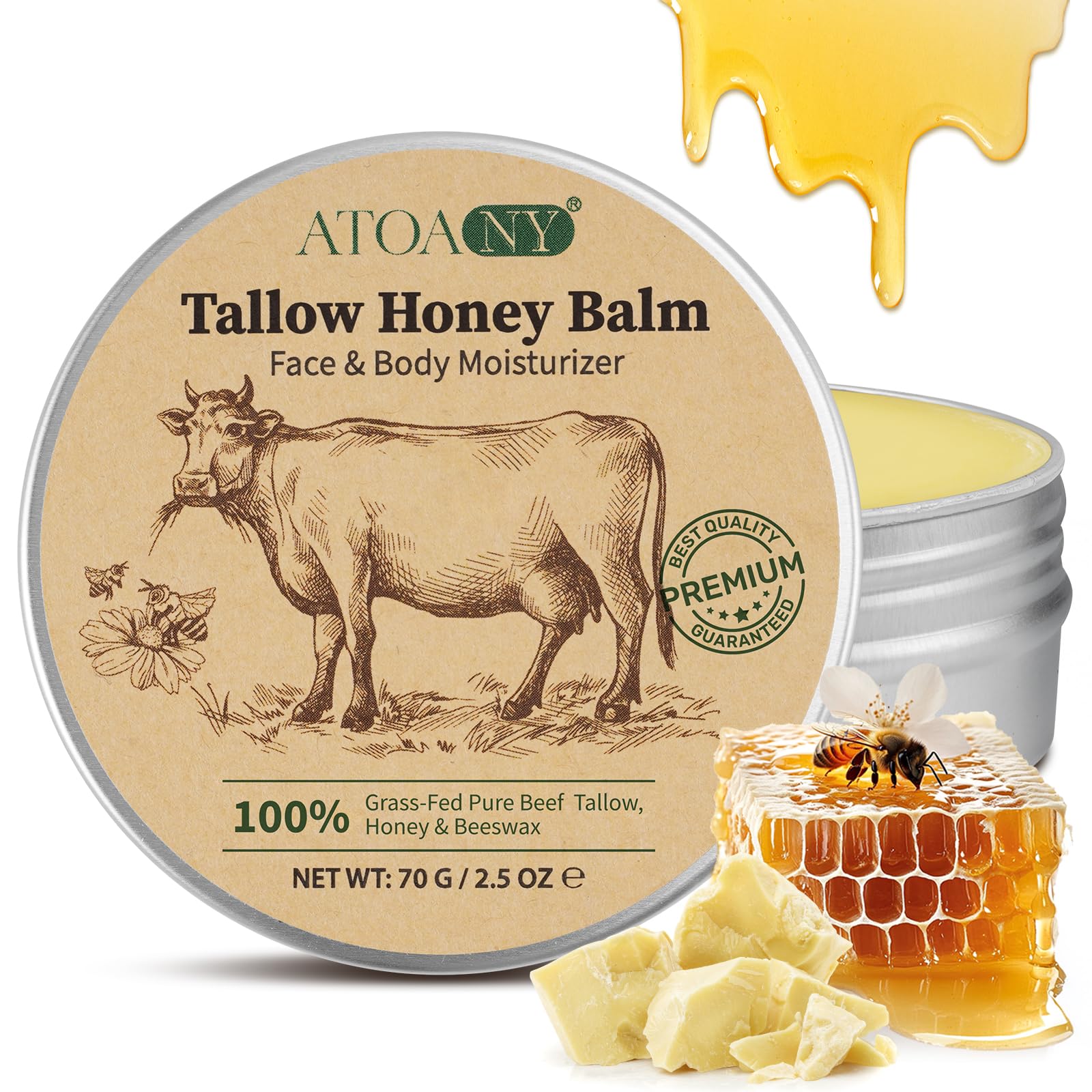 NIFEISHI Beef Tallow for Skin, Tallow and Honey Balm, Beef Tallow for Face with Raw Honey and Beeswax, Natural Organic Grass-Fed